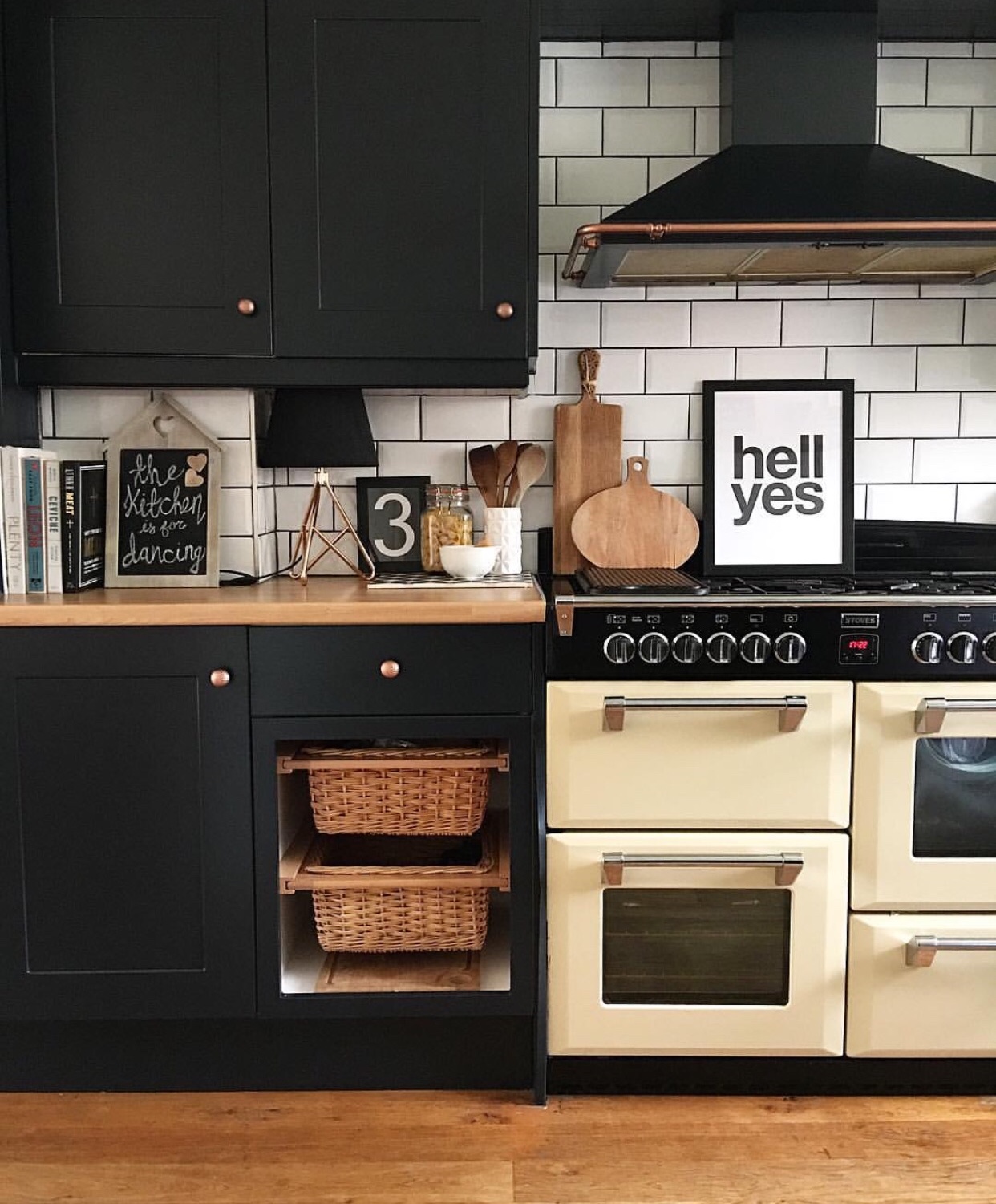 Kitchen:'hell yes print' - Gayle Mansfield Designs, Units painted in Farrow and Ball's Railings
