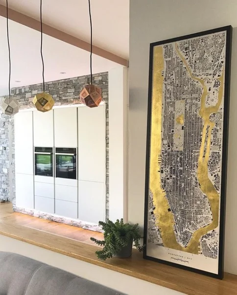 Beautiful gold leaf prints from Will Make Things as seen in Katie Wood’s Peach Palace kitchen ( @comedowntothewoods ) which you can tour here