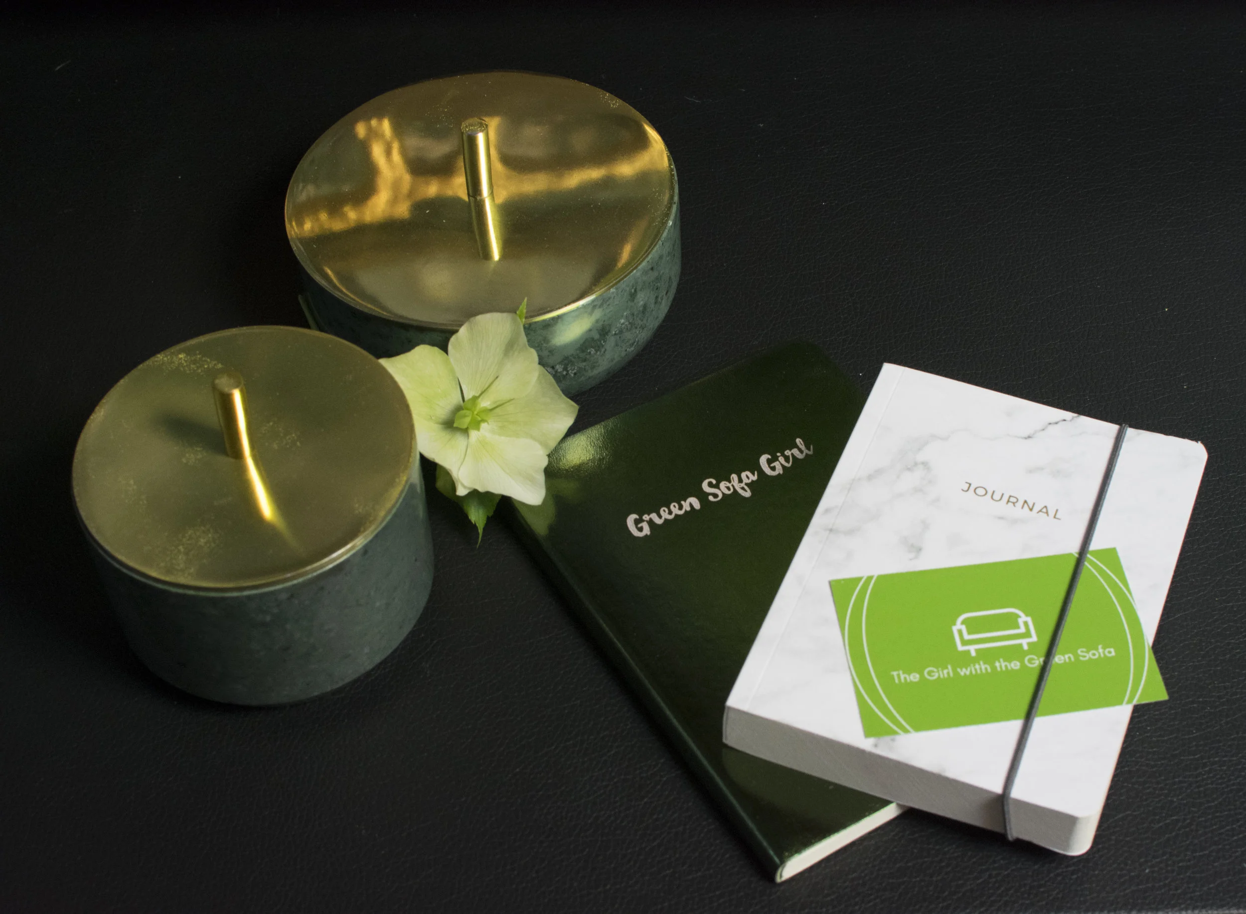 Badden Storage Jars and Marble Journal from MADE. Green sofa journal; Paperchase, Business Cards; my own