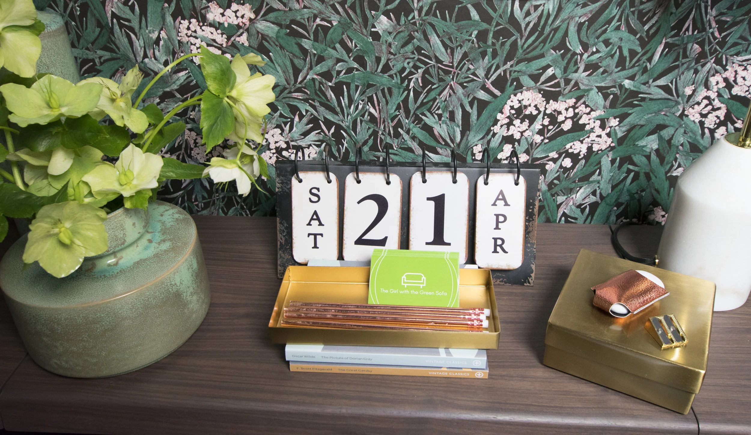 Normos Desk Set in Gold, Magni Small Vase, MADE. Stationary from Paperchase. Desk Calendar my own.