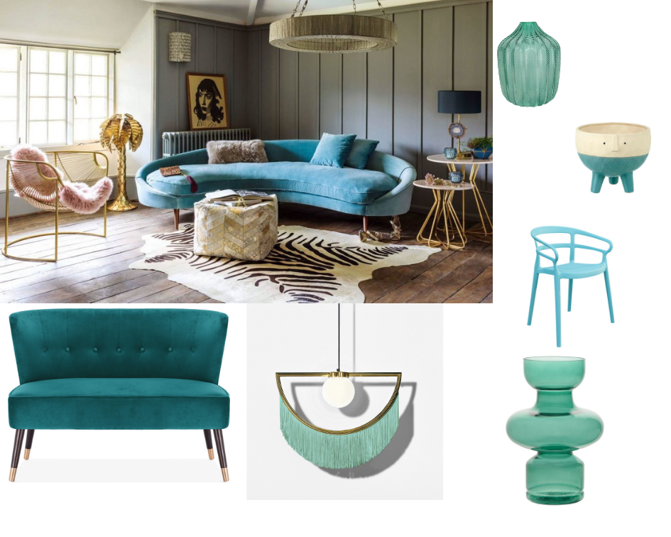 Gisela Graham Chevron Vase. Hurn & Hurn . Alma Garden Dining Chair. Danetti . Blue Sofa: Cult Living . Wink Fringed Pendant Lamp. Audenza. Gerald Planter. Trouva. Voluptuous Glass Vase. Audenza.
