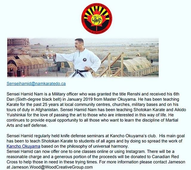 We're now offering #virtual #SelfDefense classes one on one with 6th Dan Sensei Hamid Nam. For more information please email Jameson.Wood@WoodCreativeGroup.com