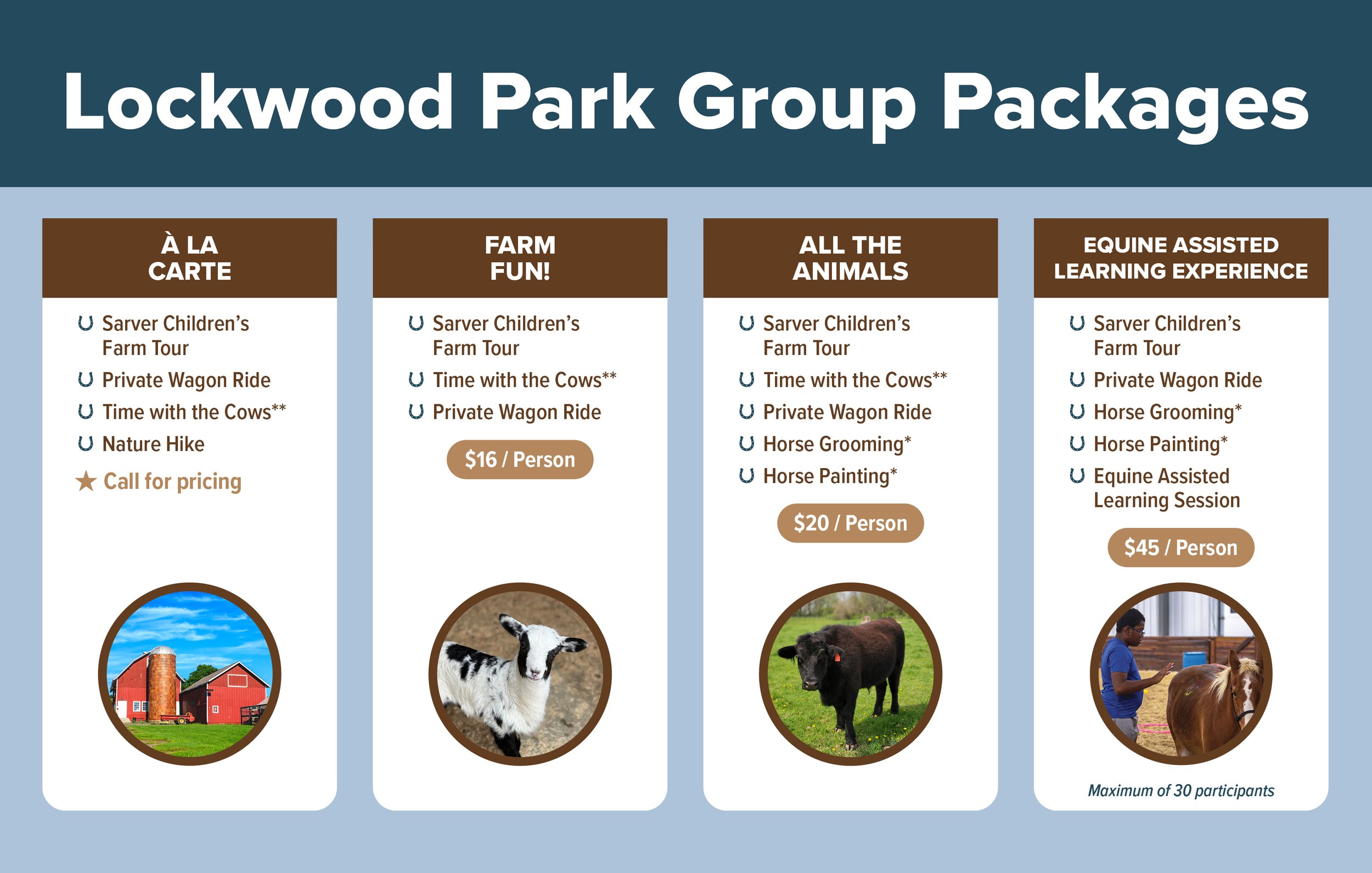 Lockwood Park group packages starting at $16 per person.