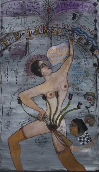 A Tale of Cuban Art History (Ma-Corina II), 2012. Acrylic, gouache, pencil and crayon on vinyl coated black kraft paper, 54 1/2 x 30 in.