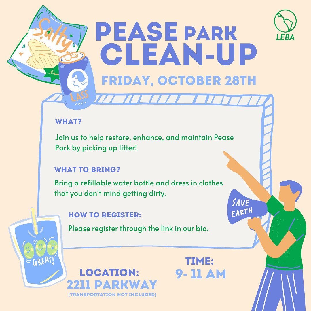 Hey LEBA Fam!👋🏻

Join us this Friday, October 28th to help restore, enhance, and maintain Pease Park by picking up litter!🗑️

Don&rsquo;t forget to bring a refillable water bottle and dress in clothes that you don&rsquo;t mind getting dirty!

Sign