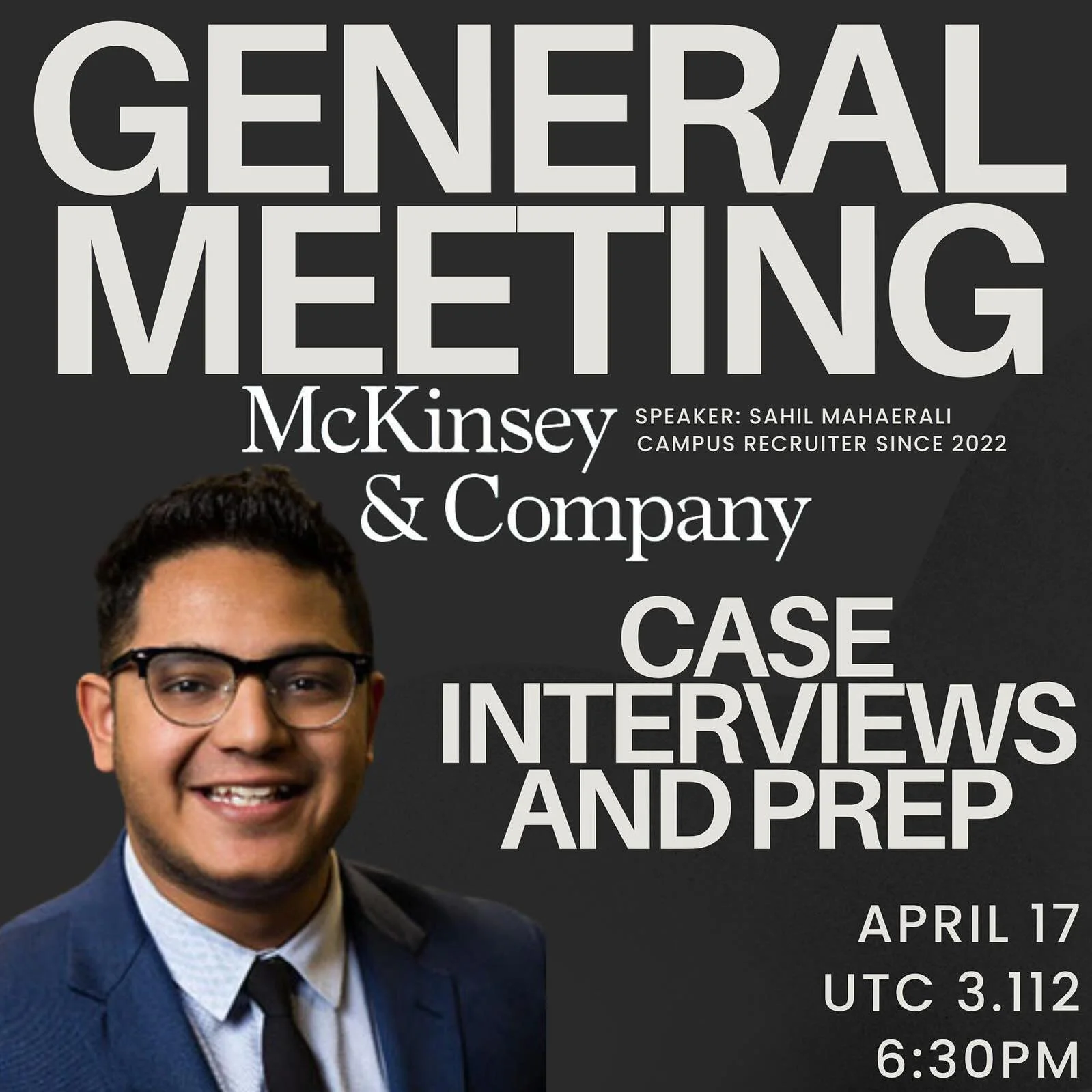 The McKinsey event you have been waiting for is here! 👏🏼 Join us on Wednesday to hear from Sahil Maherali, a Campus Recruiter at McKinsey since 2022. He will give us insights on case interviews and prep!✨💬
We can&rsquo;t wait to see you there, don