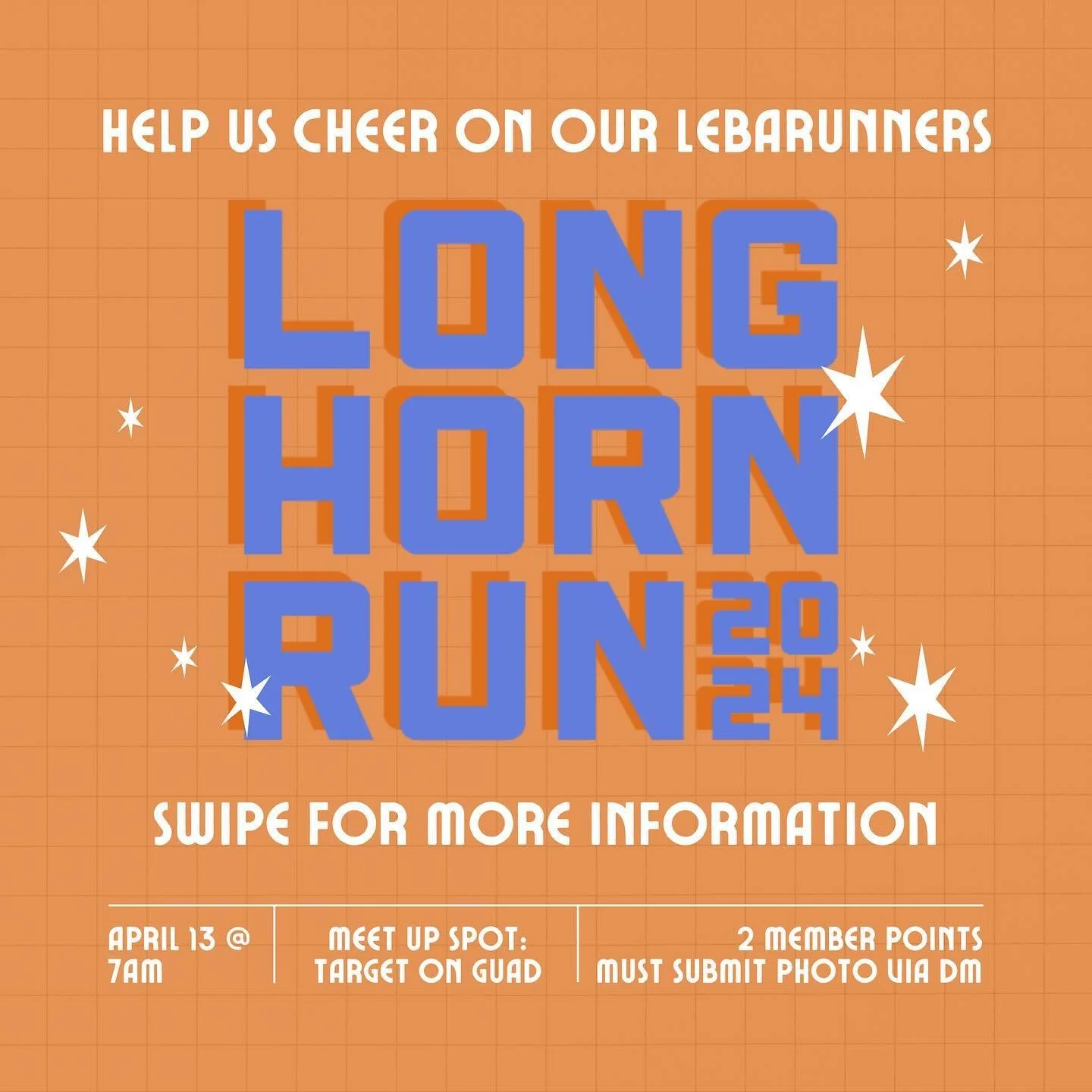 TWO EVENTS FOR LONGHORN RUN WEEKEND 🏃🏻🧡🤘🏼!!

TOMORROW: Come make posters to cheer on Saturday&rsquo;s Longhorn Run runners! 6pm at the Rise rooftop. 

SATURDAY: Use Friday&rsquo;s posters to cheer on all the runners! We will be meeting at Target
