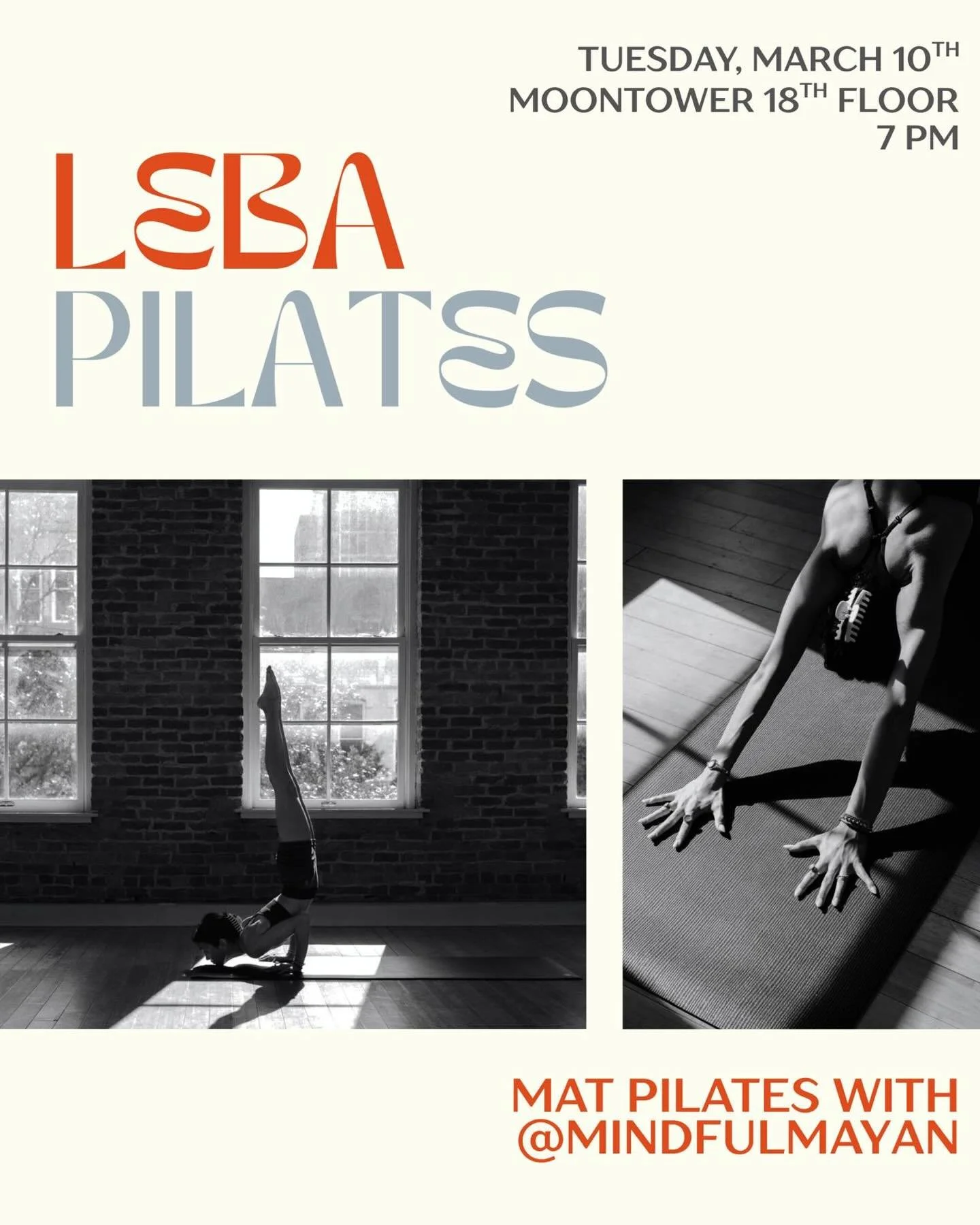 LEBA Pilates is back ✨

Join us this Tuesday for our first mat Pilates session of the semester. 

Link in bio to sign up!!
BRING YOUR OWN MAT

Tuesday, March 10
7 PM
Moontower 18th floor
📍2204 San Antonio St.