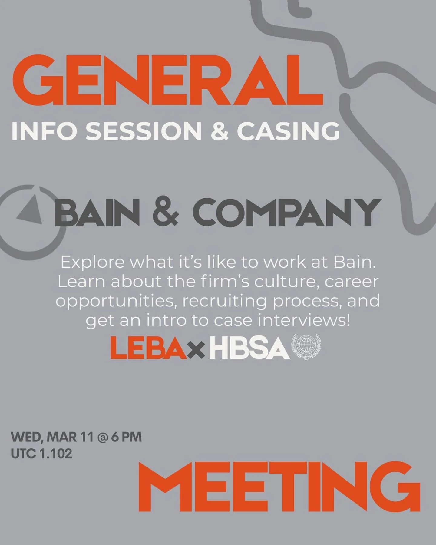 LEBA x HBSA present: Bain &amp; Company 📊🖇️

Join us for a General Info Session &amp; Casing Meeting to learn about Bain&rsquo;s culture, recruiting process, and get an intro to case interviews.

Wednesday, March 11
6:00 PM 📍 UTC 1.102
Food will b
