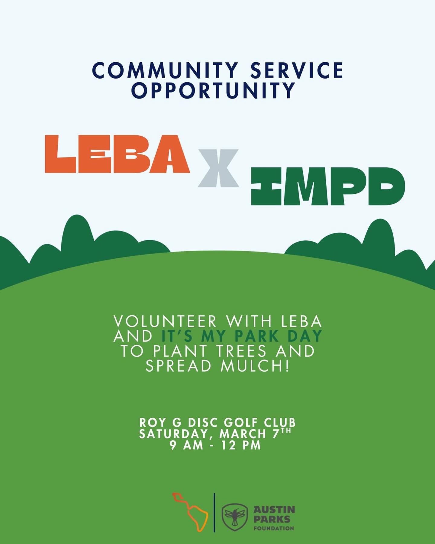 Give back with LEBA. 🌱

Join us as we partner with IMPD to plant trees and spread mulch at Roy G Disc Golf Club. Come volunteer and make an impact! 🪴🌳

Link in bio to sign up!

Saturday, March 7
9:00 AM &ndash; 12:00 PM
📍 Roy G Disc Golf Club