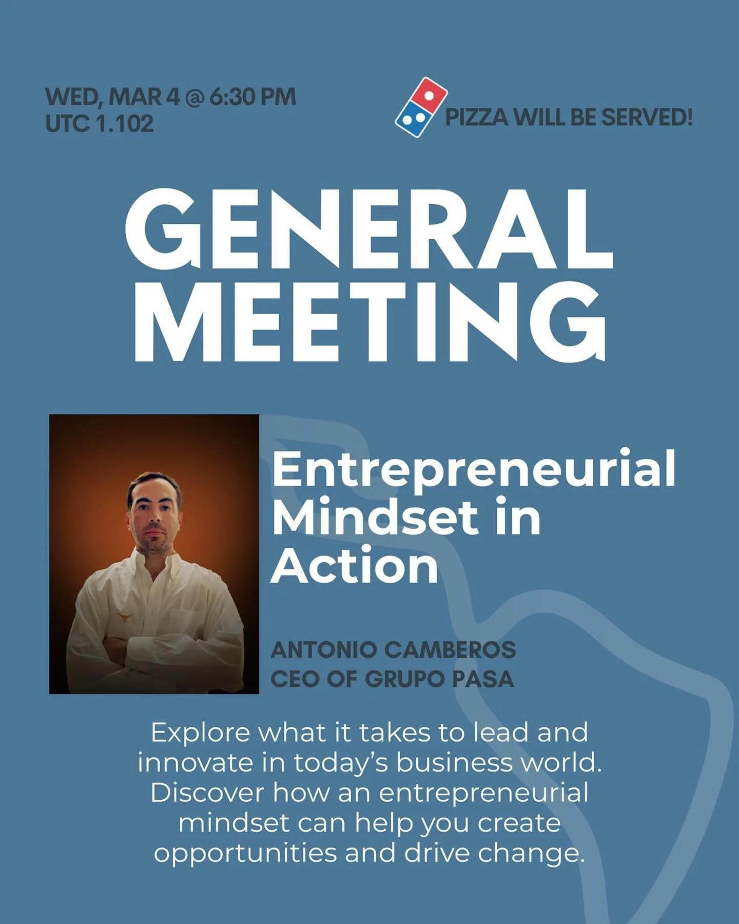 Big ideas start with the right mindset. 💡
Join us this Wednesday for our General Meeting featuring Antonio Camberos, CEO of Grupo PASA, as he breaks down what an entrepreneurial mindset in action really looks like.

Wednesday, March 4
6:30 PM
📍 UTC