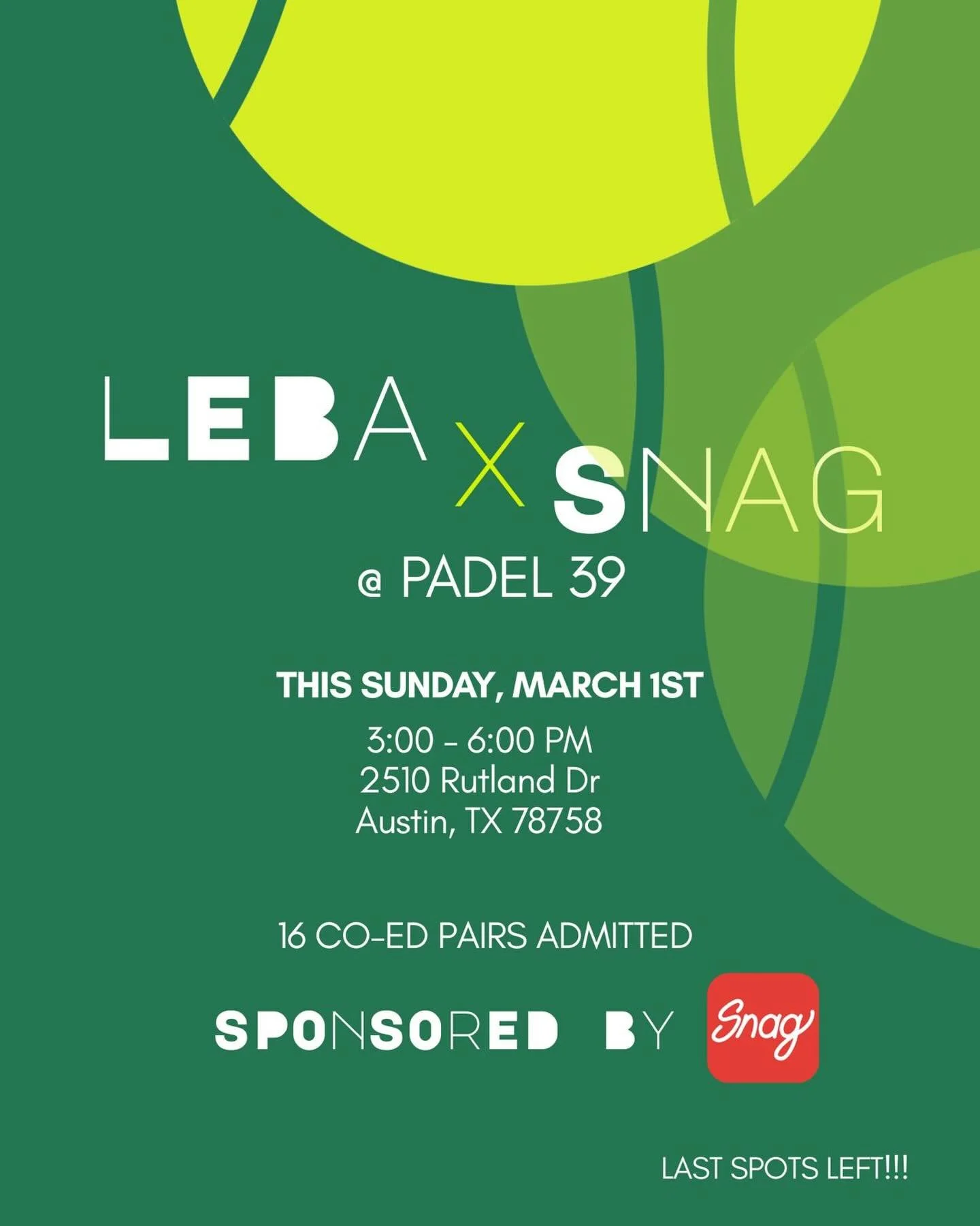 Join us tomorrow in our LEBA Padel Tournament sponsored by Snag! Only a few spots left so get your tickets before it&rsquo;s too late!! 🎾🏓

👥 Co-ed pairs tournament 
* Only 16 teams (first come, first serve)
* $50 per pair ($25 per player)
* Ticke