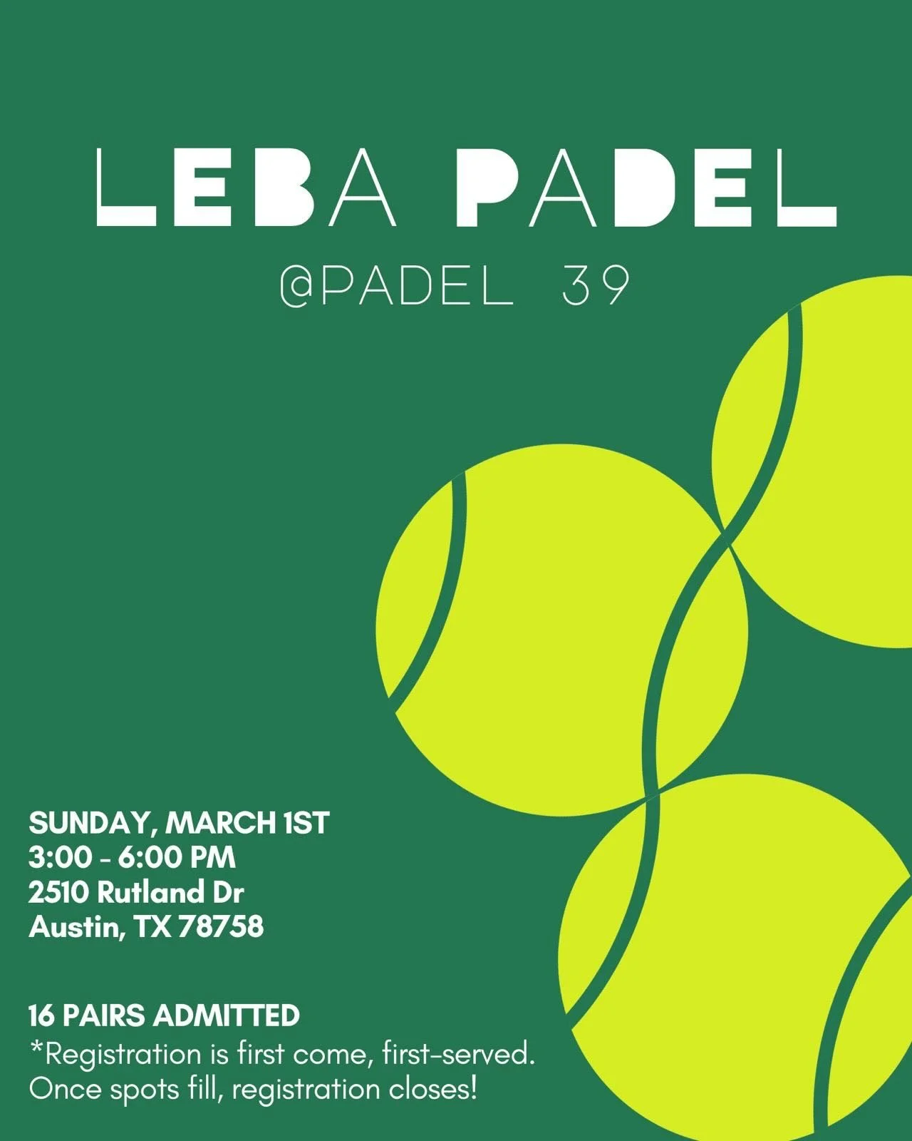 LEBA Padel Tournament is back! Join us for a Sunday of competition, recovery, and a post-match hang. 🎾🏓

👥 Co-ed pairs tournament 
* Only 16 teams (first come, first serve)
* $50 per pair ($25 per player)

🏆Prizes:
* Gift cards
* Free entry to ne