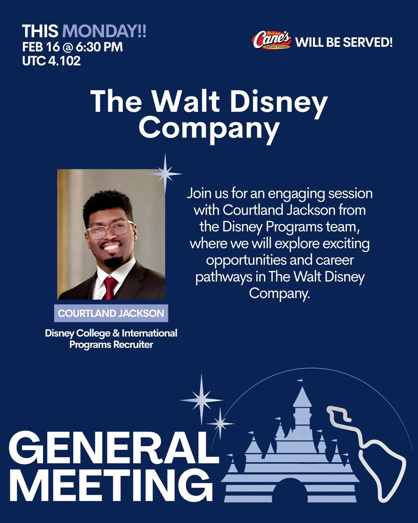 🚨THIS MONDAY 🚨
We are kicking off the week with Disney at our General Meeting! 🏰🪄

🗓 Monday, February 16
⏰ 6:30 PM
📍 UTC 4.102
Cane&rsquo;s will be served 🍗

Join us for a special session with Courtland Jackson, Disney College and Internationa