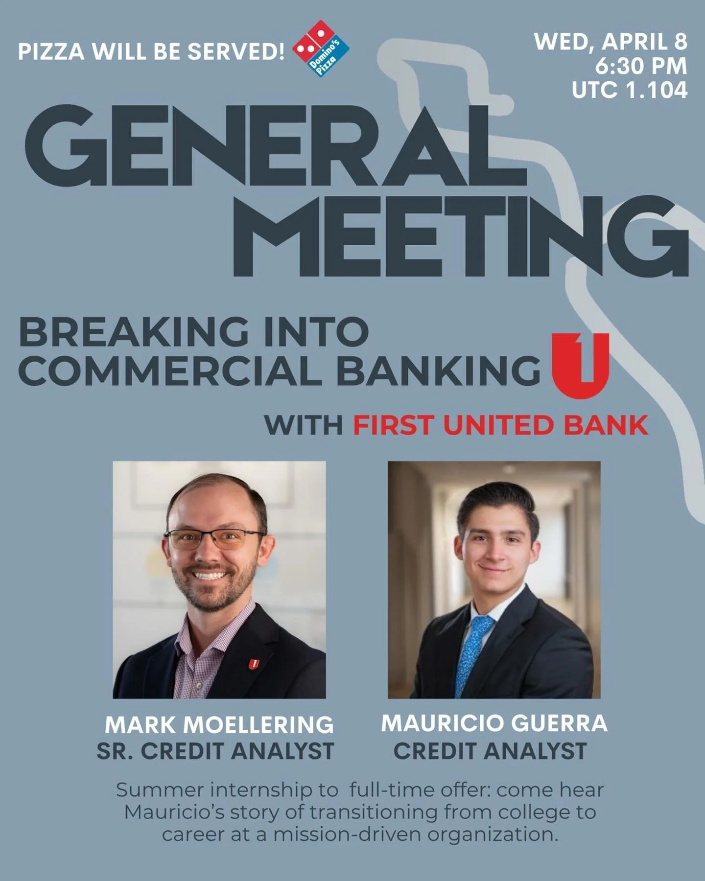 Want to break into commercial banking? 💼📈
Hear directly from First United Bank on turning internships into full-time offers. 

Wednesday, April 8th
6:30 PM
📍UTC 1.104
Pizza will be served!