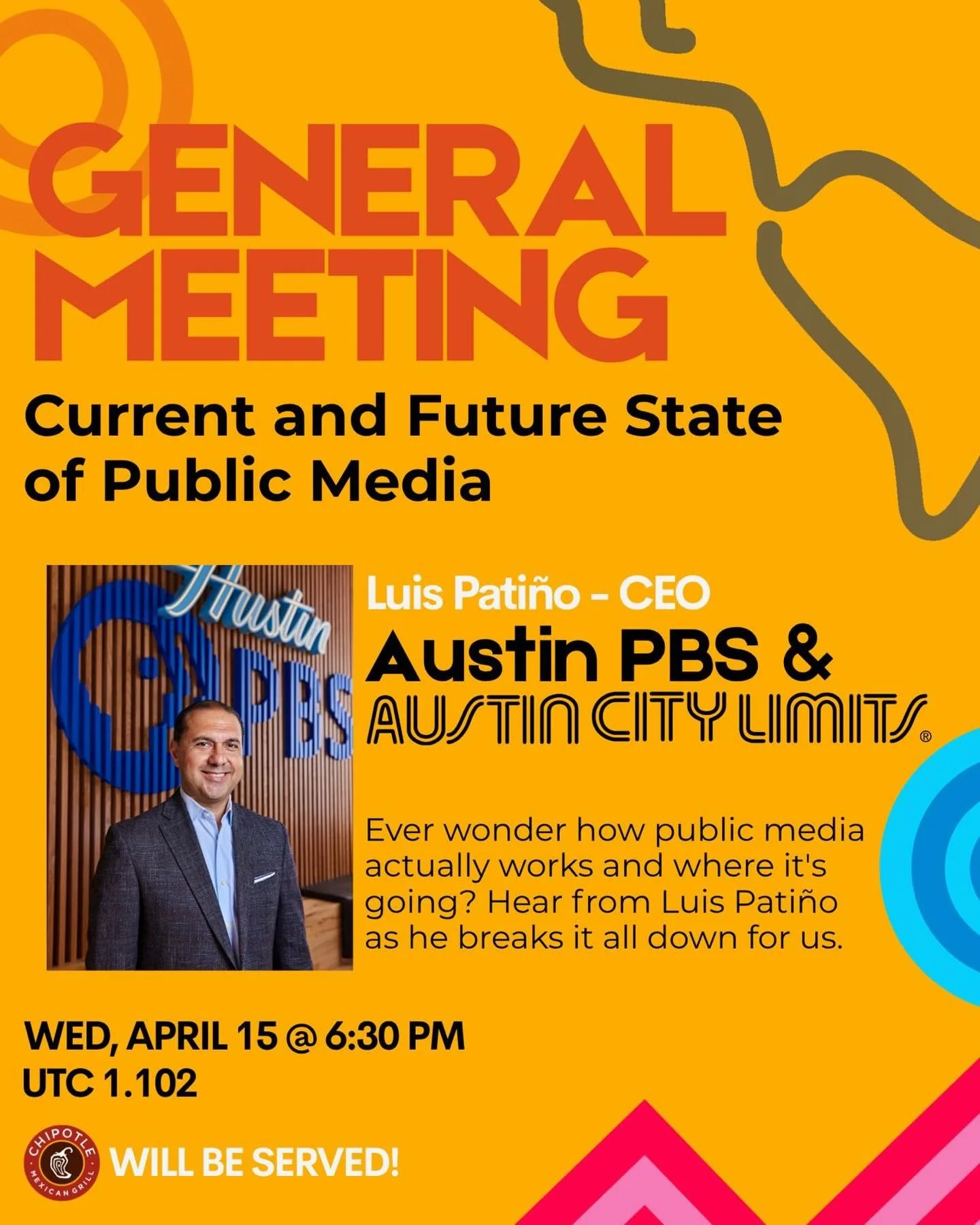 Public media is changing fast, come hear how. 📱

Join us this Wednesday as Luis Pati&ntilde;o, CEO of Austin PBS &amp; Austin City Limits, breaks down the current and future state of media.

Wednesday, April 15th 
📍 UTC 1.102
6:30 PM
Food will prov