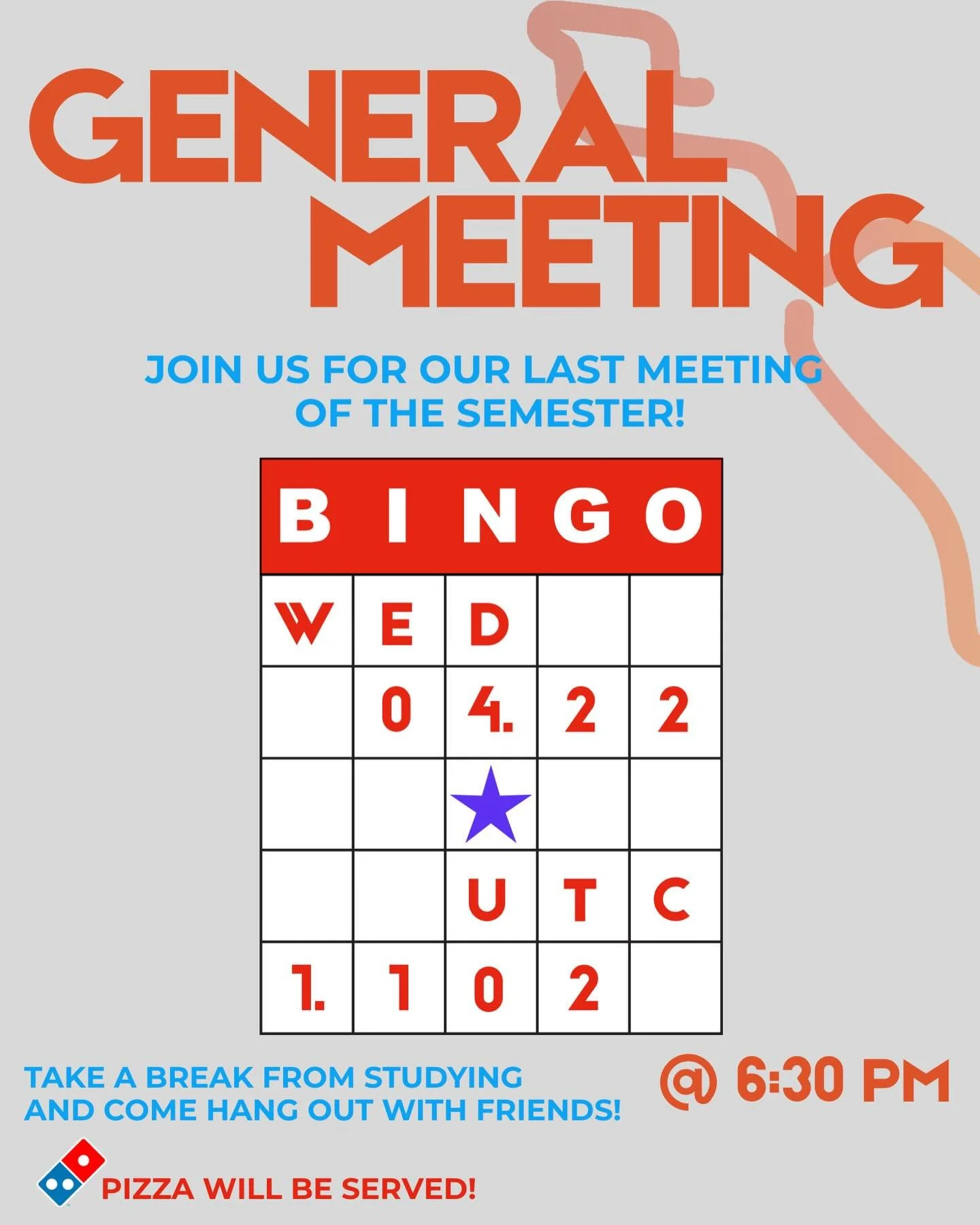 🚨 Last general meeting of the semester 🚨
Join us for bingo and free pizza! 🎟️🎉

Wednesday, April 22th 
6:30 PM
📍UTC 1.102
Pizza will be provided 🍕
