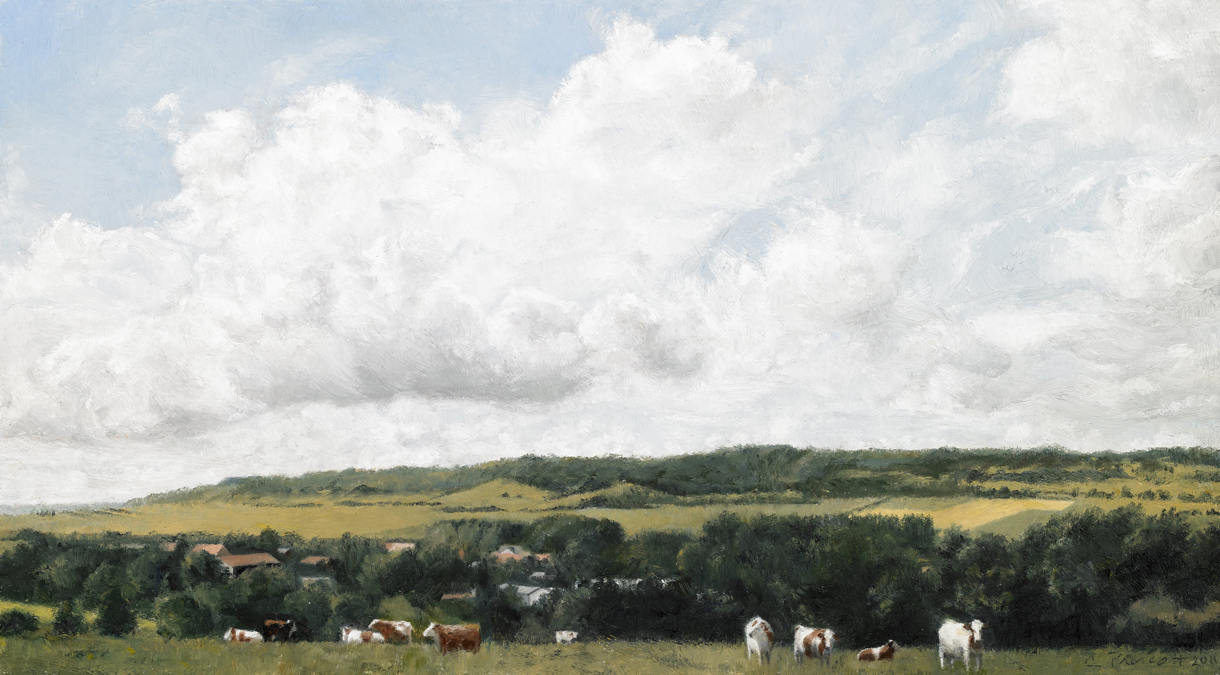   Cows at Home, Bonning, France III , Oil on Wood Panel, 2011, 8" x 14" 