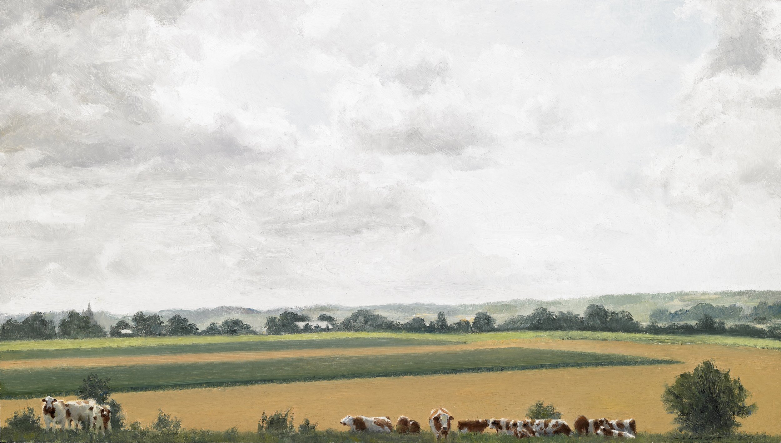   Cows at Home II, Bonning France , 2014, 8” x 14”, Oil on Panel, 2014  Private Collection 