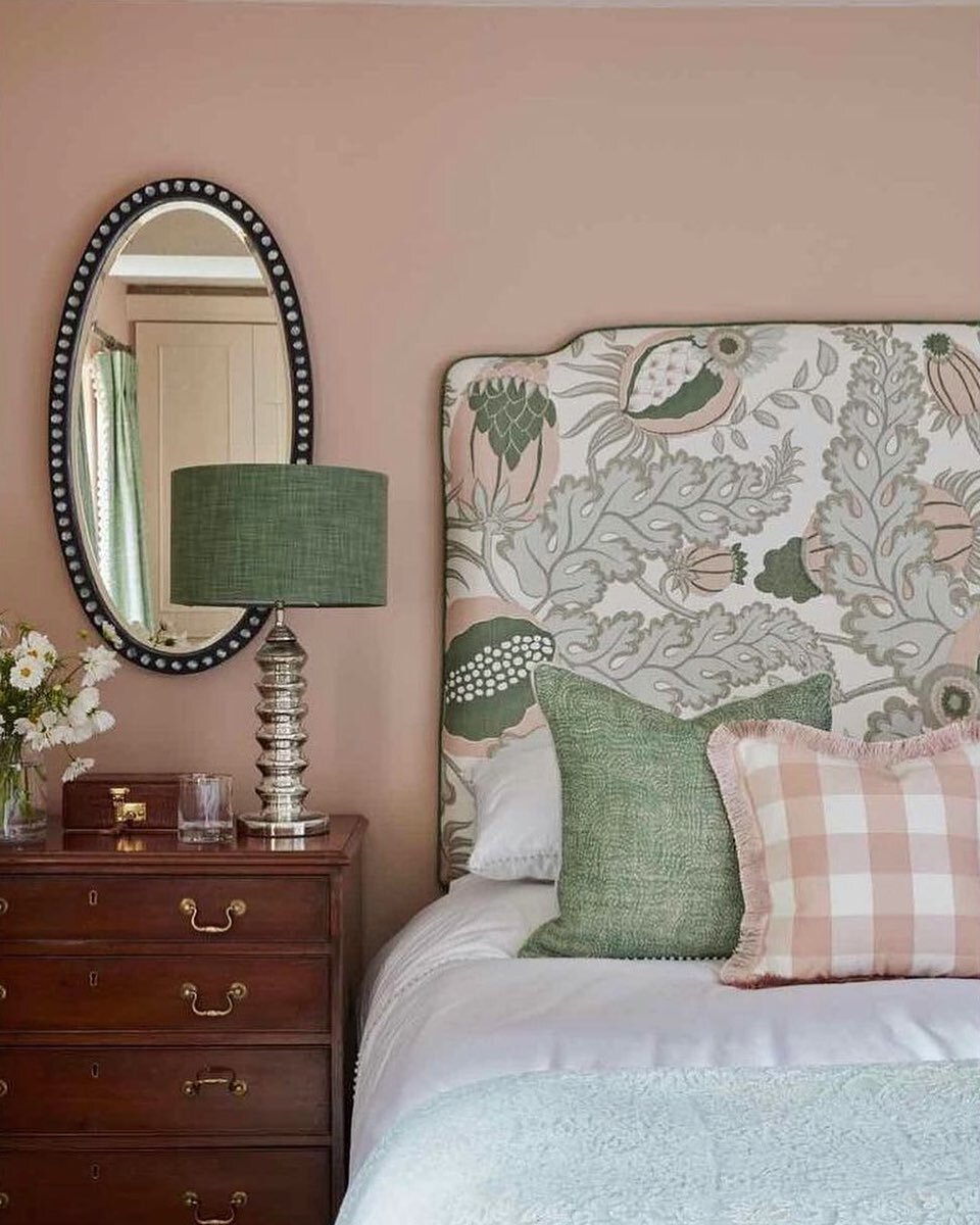 What a heavenly bedroom by @nataliedaviesinteriordesign Temple used on the walls is such a soft bedroom colour &amp; stunning with this @christopherfarrcloth fabric. 
.
Are you looking for help with your next scheme. Book a Colour Consultation now. I