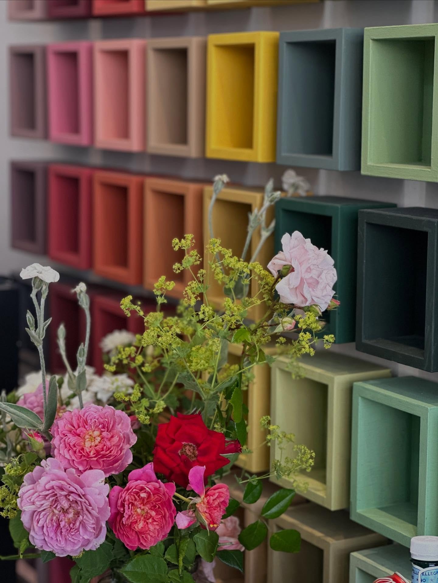 Emma Bridgewater English Shrub Rose with paint colours Jaipur Pink &amp; Rhubarb. Colours from @paintandpaperlibrary Original Collection, in the @paintlibrarylondon  showroom, 3 Elystan St SW3
Come and visit us to see the collection in situ alongside