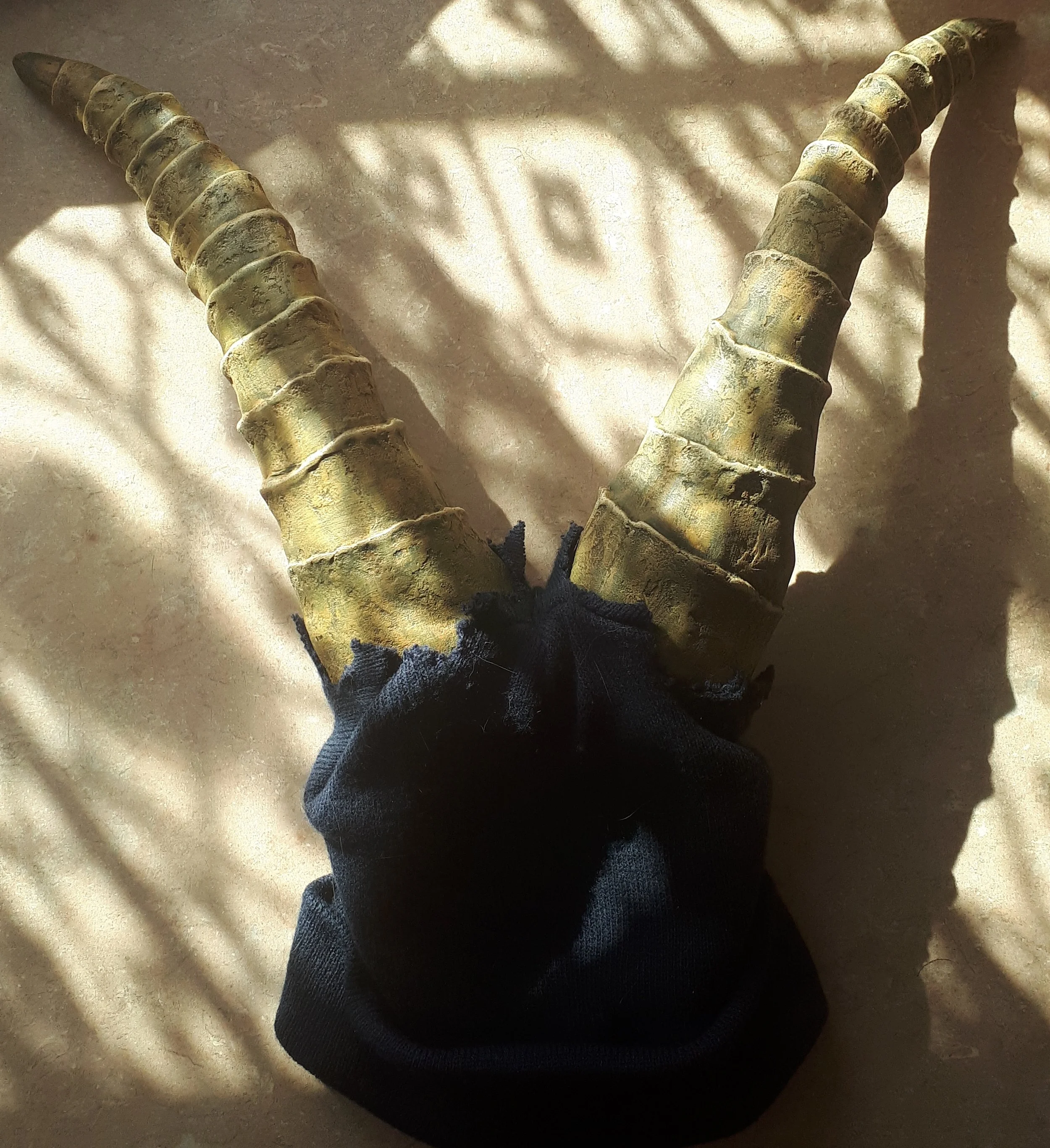 The horns attached to a headband and hat, ready for use