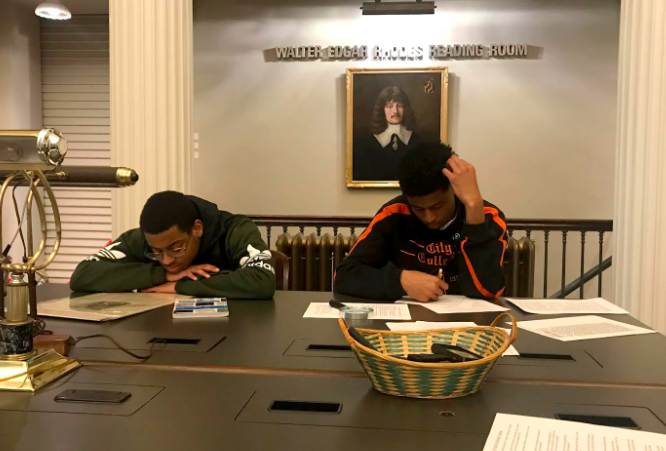 Students Amir and Gyasi researching at the Maryland Historical Society.