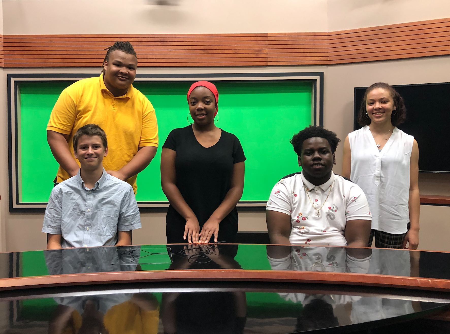 Journalism Team’s field trip to The Richard Eaton Broadcast Center at the University of Maryland, home to UMTV and the Maryland Capital News Service (CNS) Broadcast Bureau. From left to right: Otto, Justice, Katia, Justin, and Sonia.