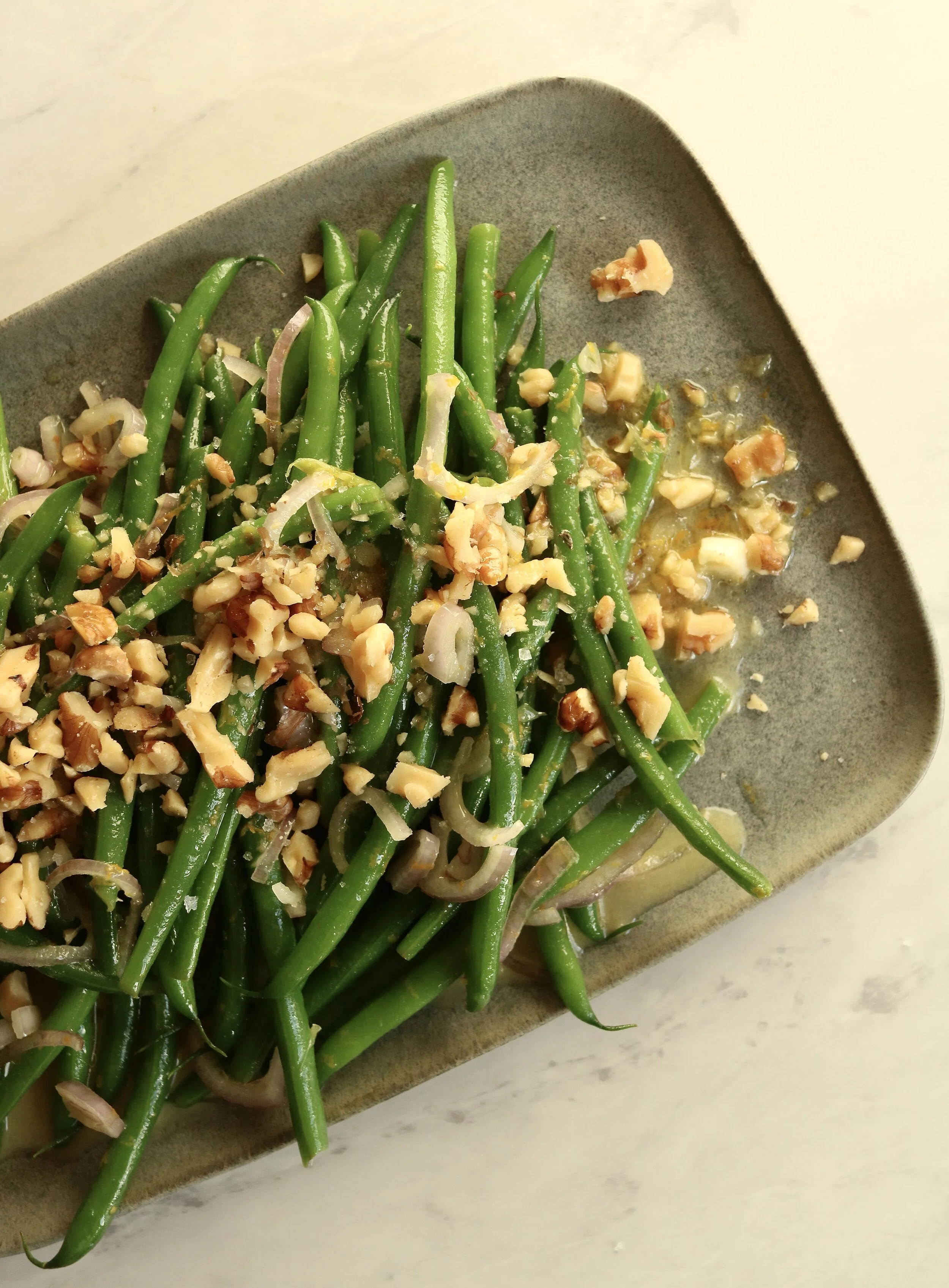 Chilled Green Beans w Orange Shallot Vinaigrette and Walnuts