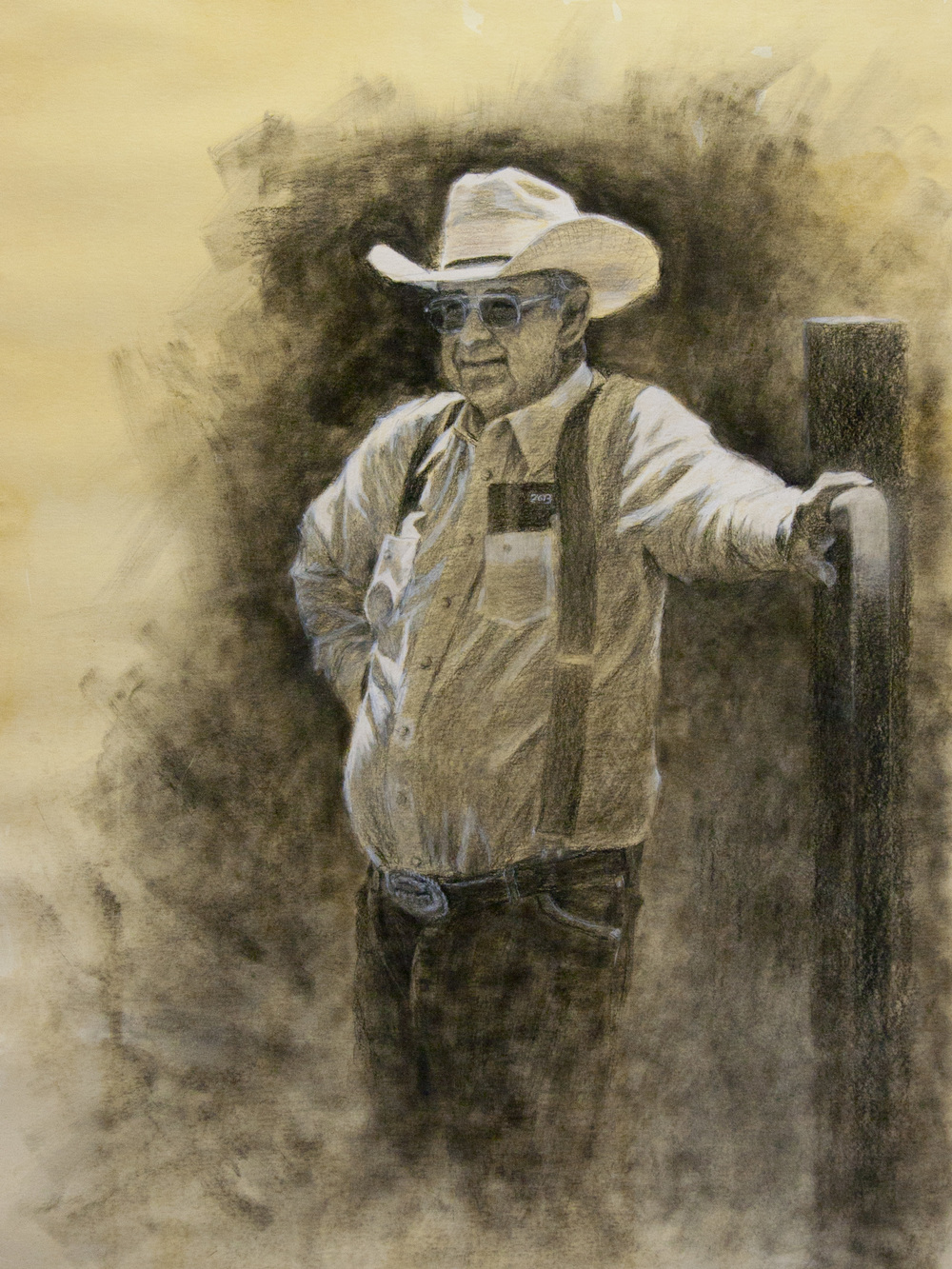 "The Ranch Boss" Charcoal on tea stained paper, by George Paliotto