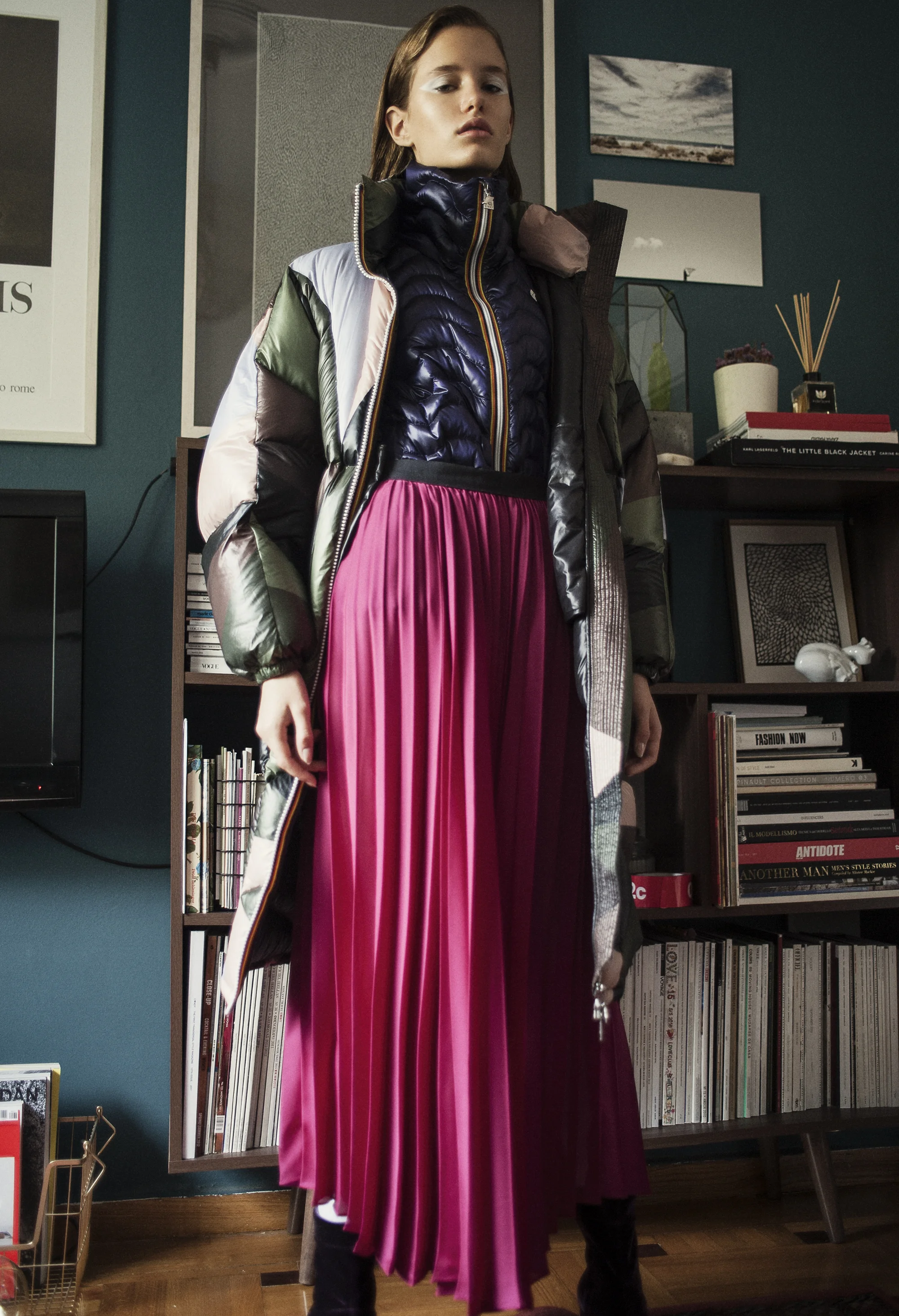 Puffer jacket and purple jacket K-way . Metallic pleated skirt Mr SelfPortrait . Purple velvet shoes Pedro Garcia