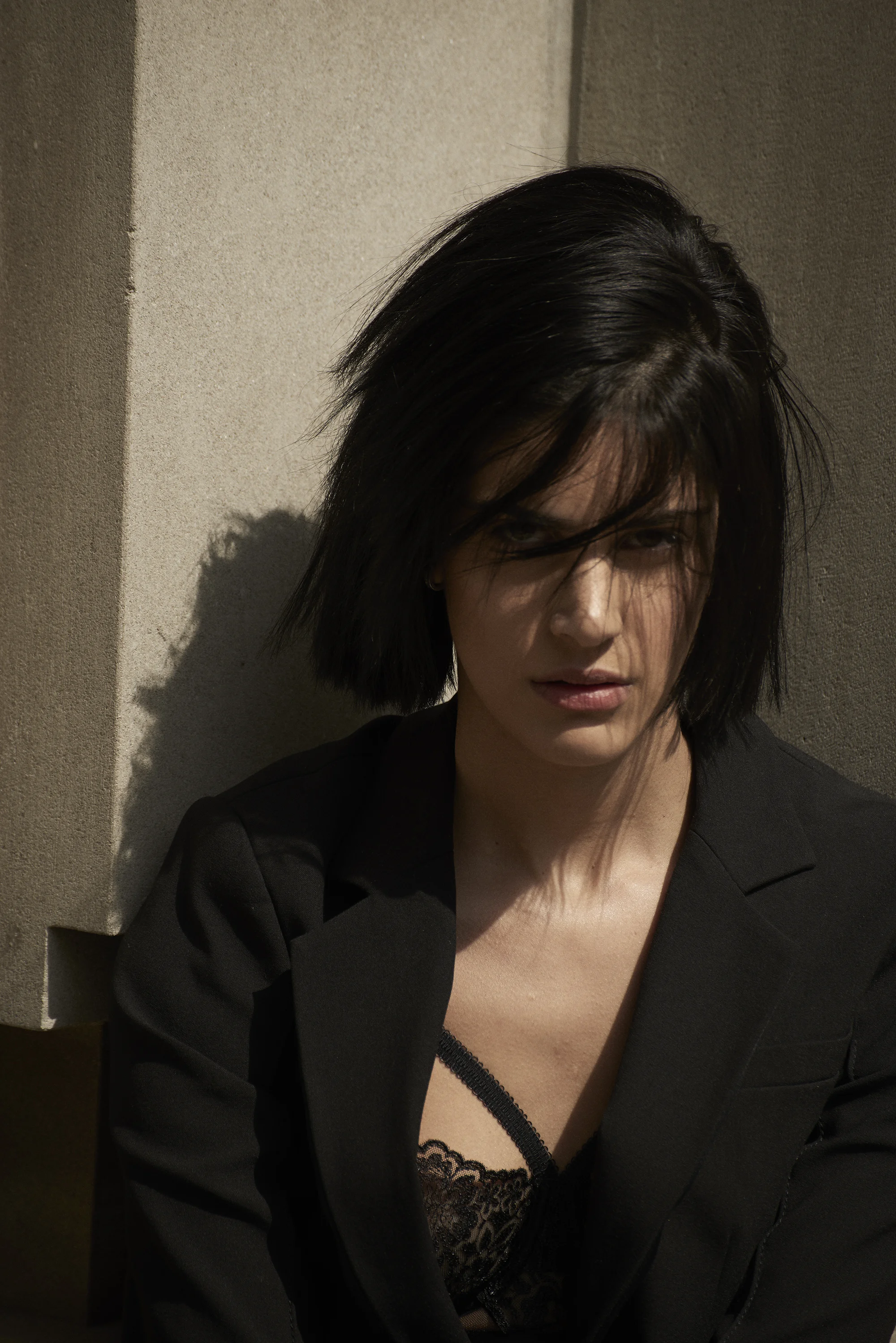 Wool blazer Helmut Lang . Lace bra La Perla