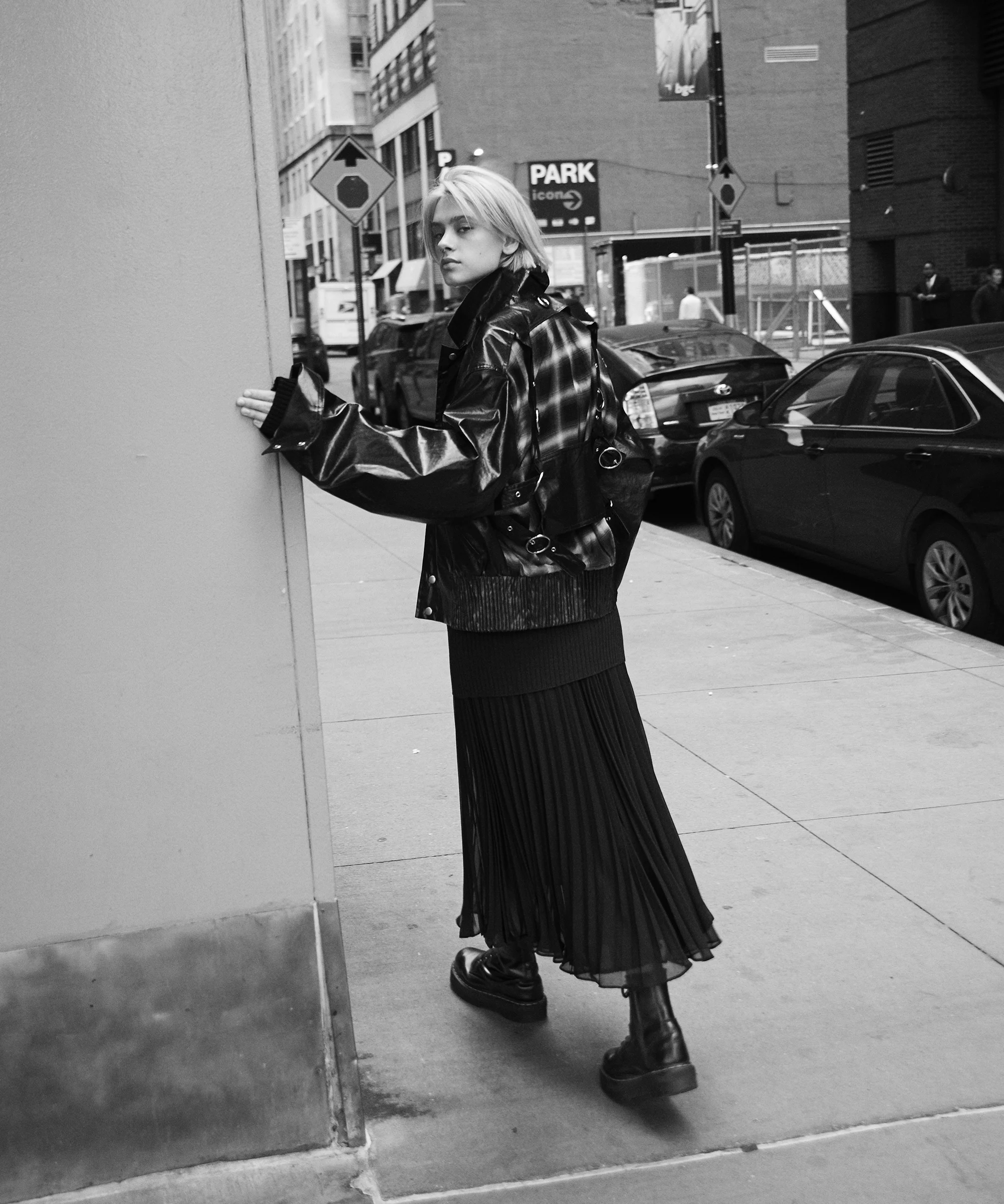Jacket Private Policy . Pleated long skirt Saint Laurent . Boots Dr. Martins