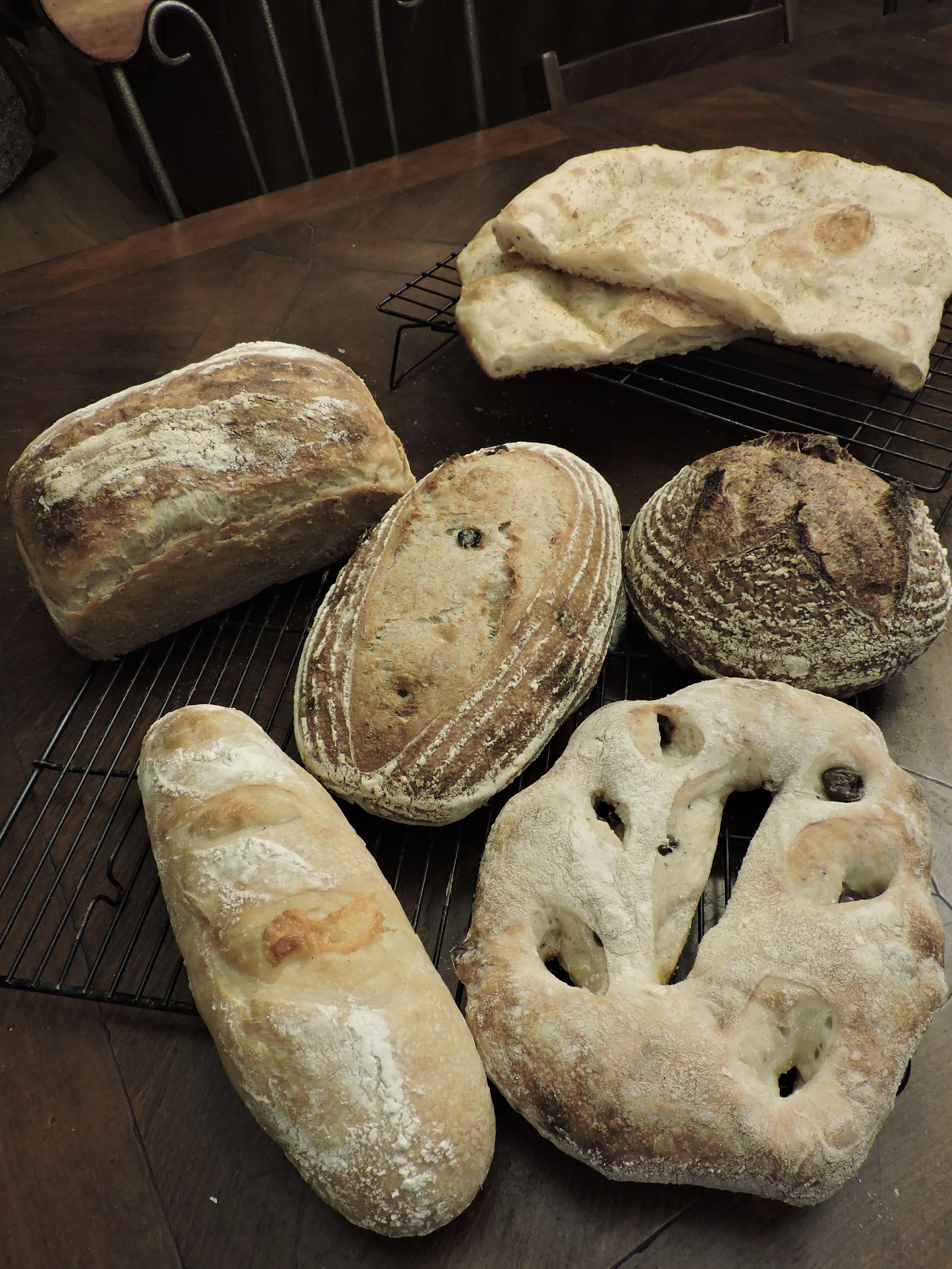  Rosemary focaccia (far back), then standard sourdough sandwich (middle far left), golden raisin fennel (middle), stout sourdough (middle far right), Dubliner cheddar batard (front left), and olive fougasse (front right). 