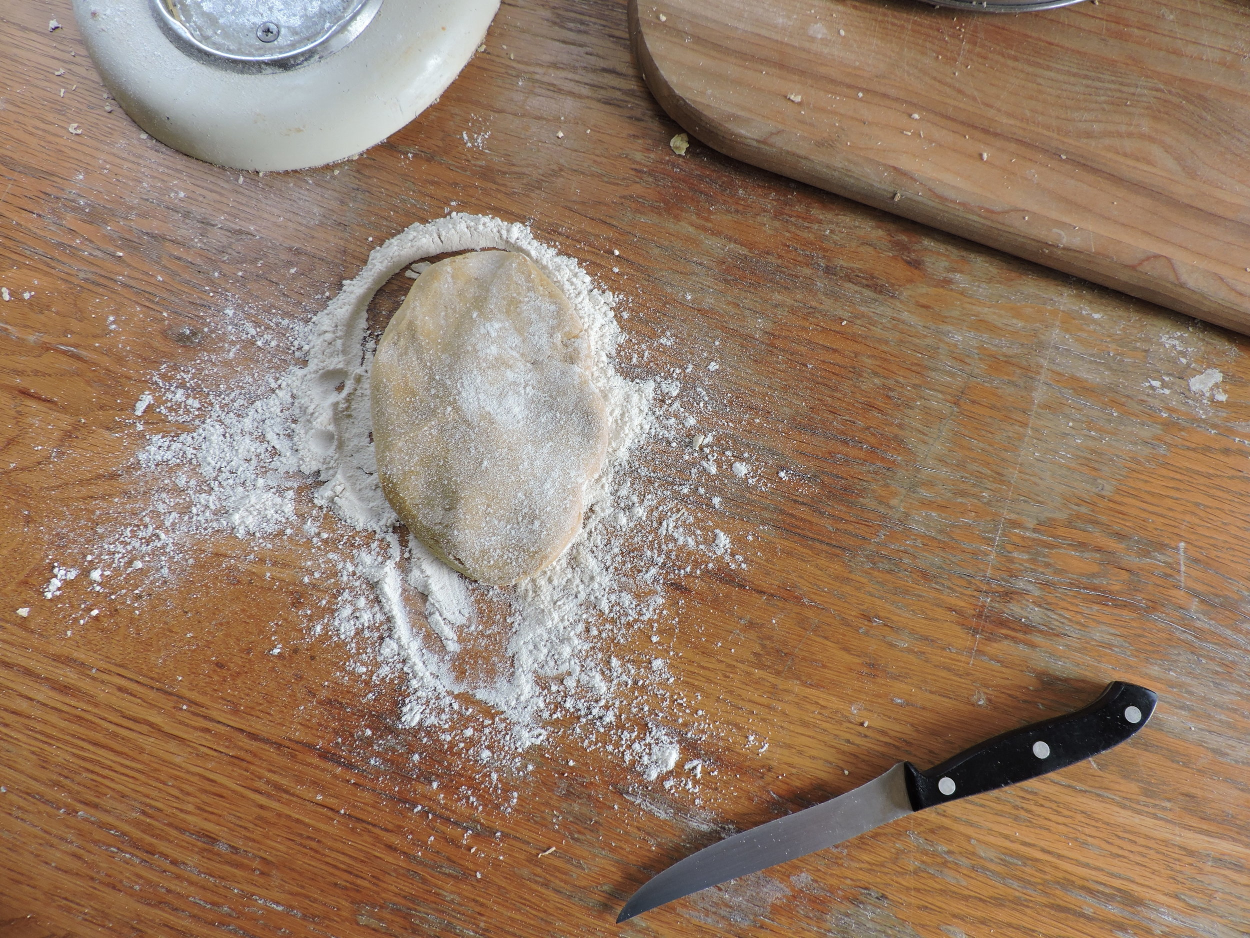  Flatten dough piece into rough oblong shape. 