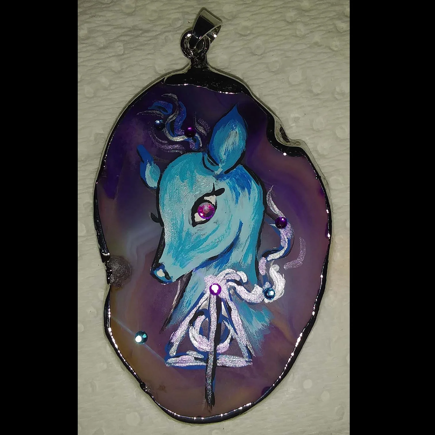 Hand painted Original art Doe Deathly Hallows Agate Pendant