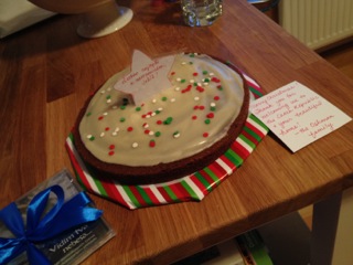 The CD, cake, and card ready to go. 