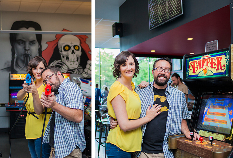 Geeky engagement photographer at arcade