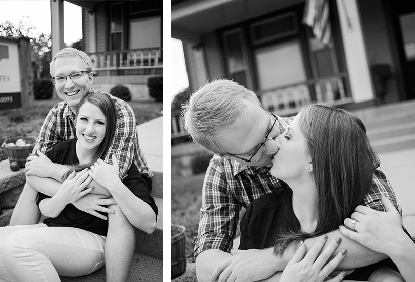 Fountain Square Indiana engagement portrait photographer couple sit on concrete steps kiss hug with apple basket.jpg