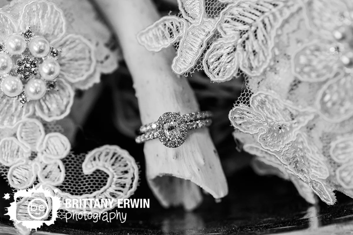 Indianapolis wedding photographer ring detail with garter