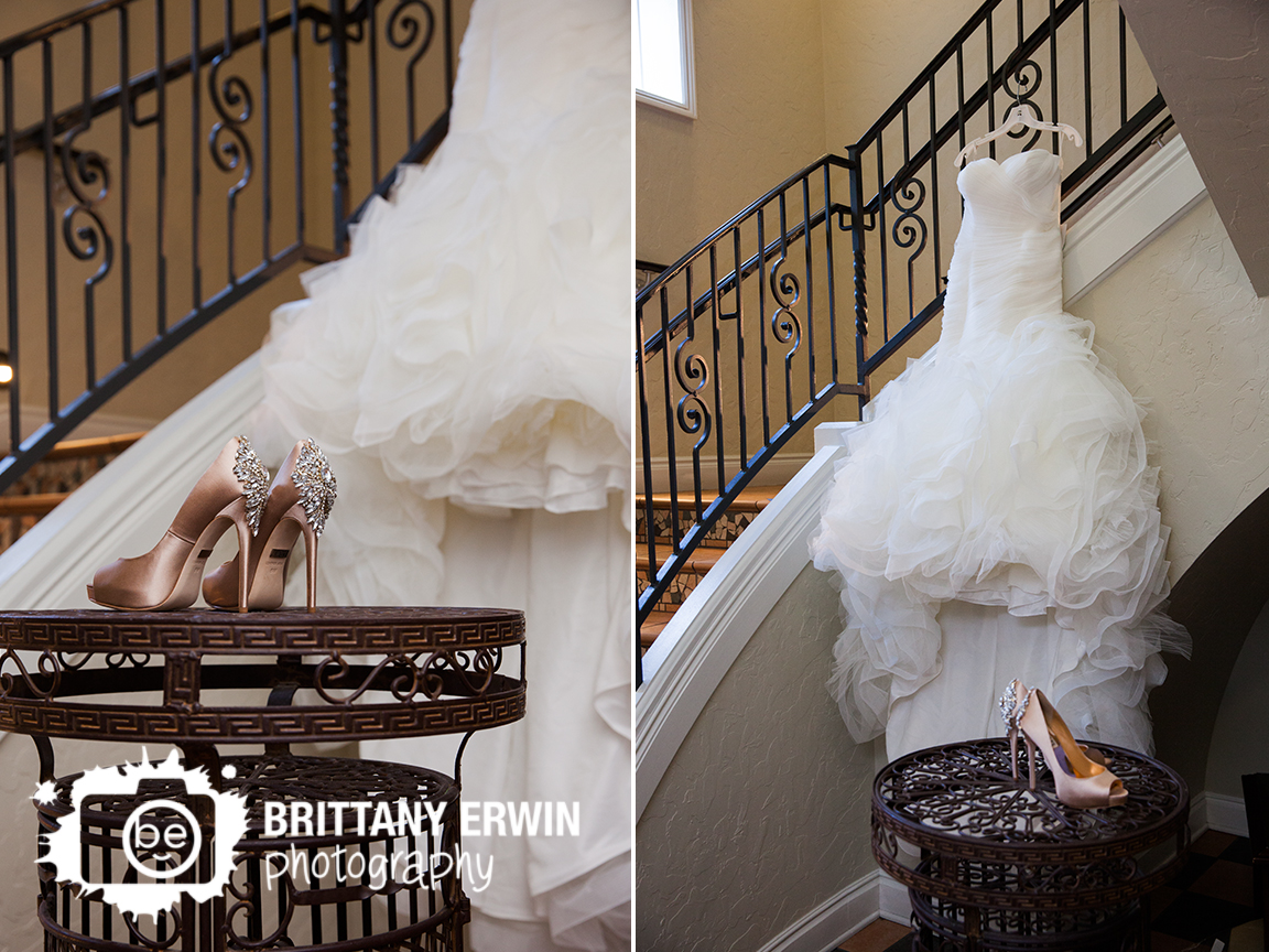 Indianapolis-wedding-photographer-pronovias-bridal-gown-dress-on-stairwell-badgley-mischka-shoes.jpg