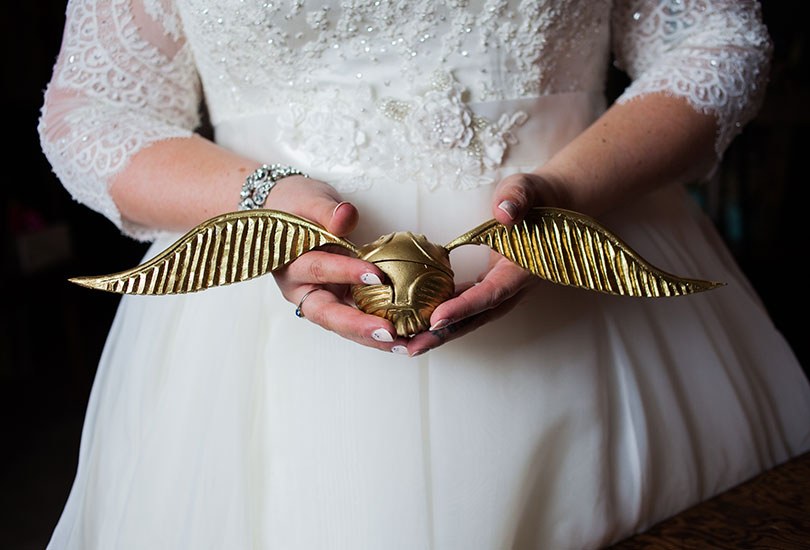 Golden snitch handmade ring box nerd wedding Harry Potter fan bride
