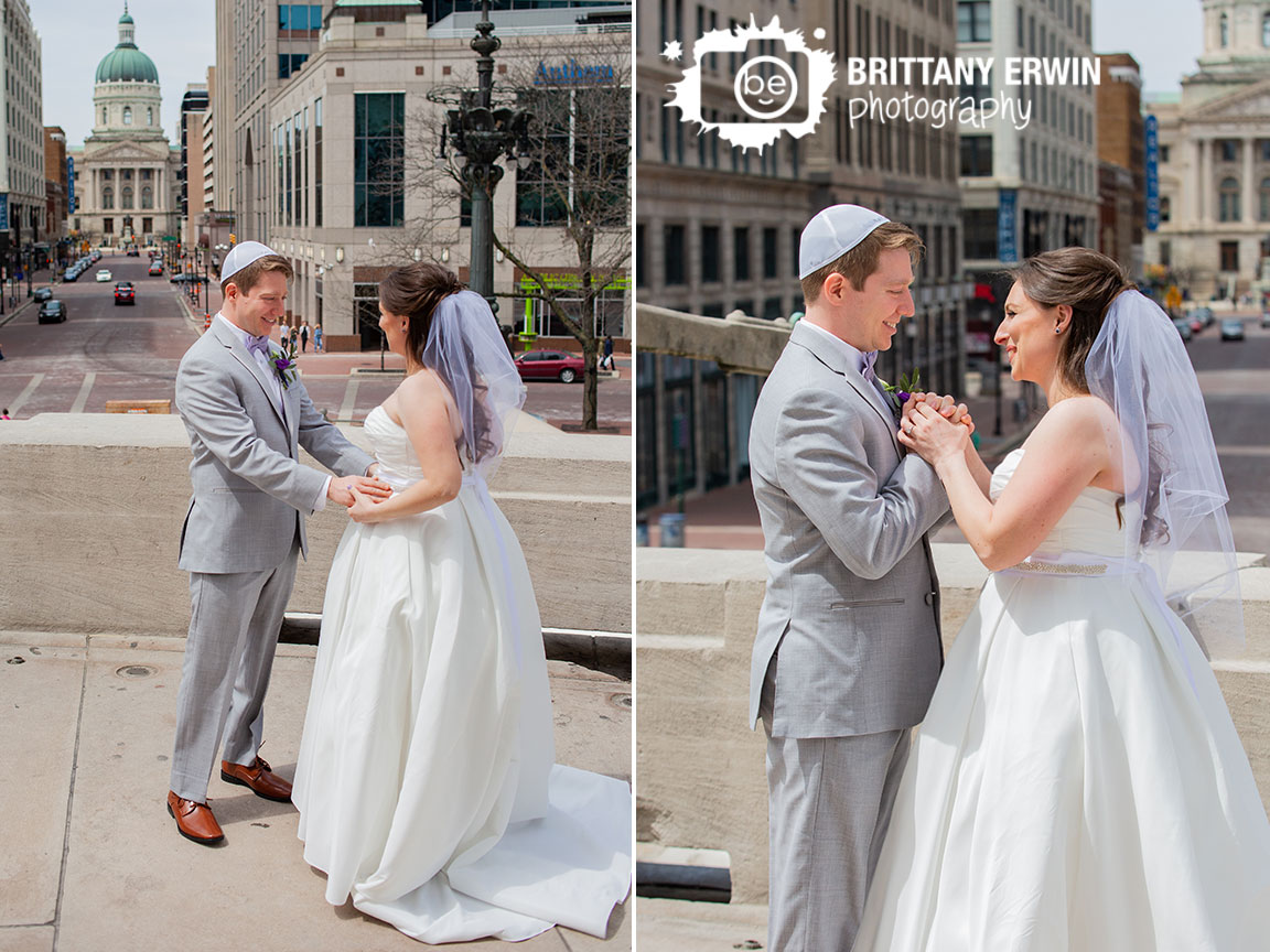 Downtown-Indianapolis-monument-circle-first-look-couple-groom-reaction.jpg