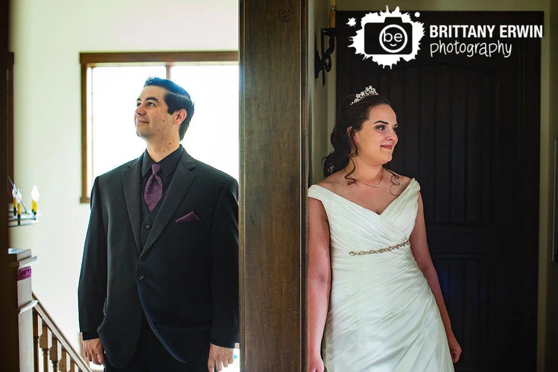 Clayshire-Castle-wedding-photographer-bride-groom-together-before-ceremony-without-seeing-each-other.jpg