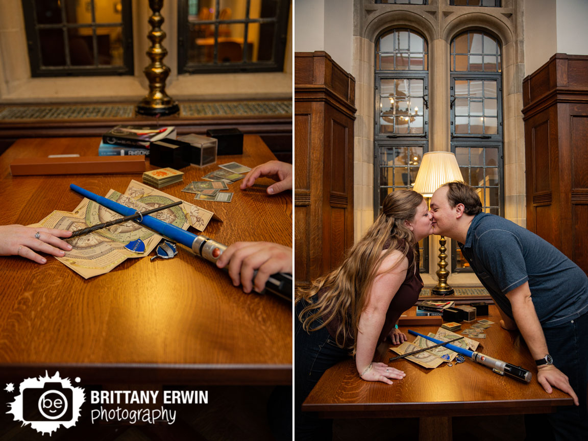 Bloomington-Indiana-University-couple-engagement-portrait-harry-potter-wand-star-wars-light-saber-kiss-over-table.jpg