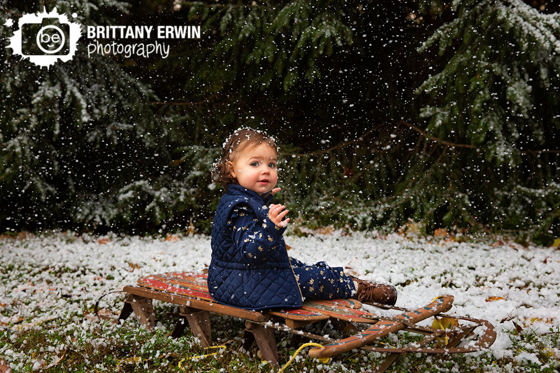 Indianapolis-snow-portrait-session-baby-girl-toddler-sitting-on-antique-sled-outside-pine-tree-winter.jpg