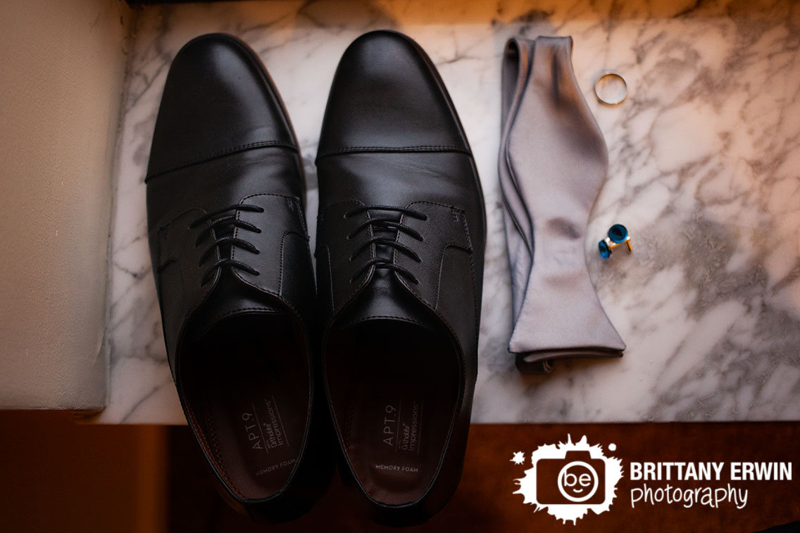 Indianapolis-wedding-photographer-groom-details-shoes-bow-tie-cuff-links-water-icon-magic-the-gathering.jpg