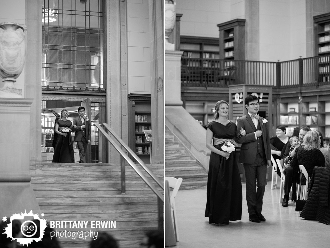 Indianapolis-central-library-old-wing-reading-room-wedding-ceremony-photographer-maid-of-honor-and-best-man-walk-down-aisle.jpg