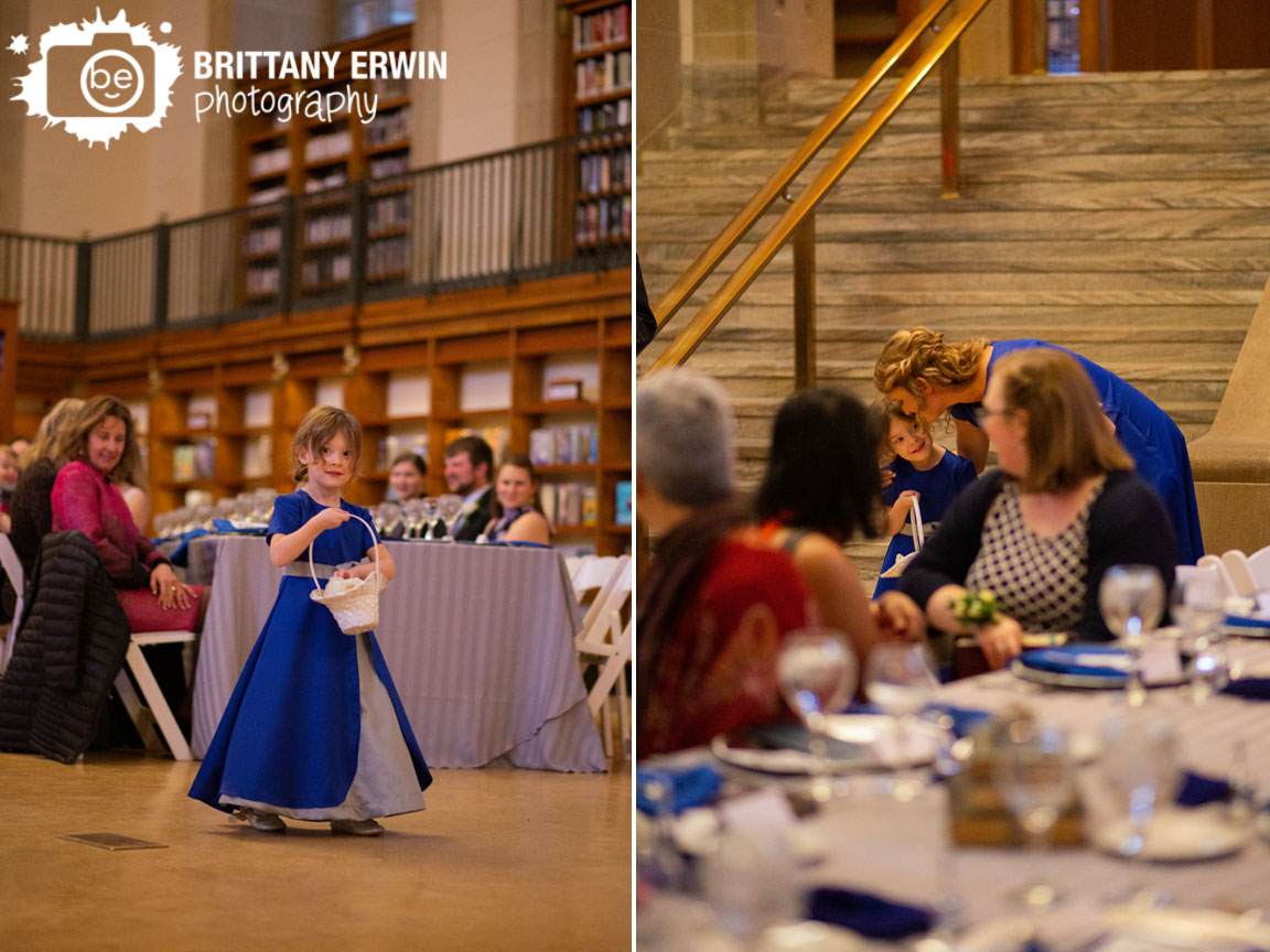 Indianapolis-wedding-photographer-central-library-flower-girl-walking-down-aisle-hug-maid-of-honor-mom.jpg