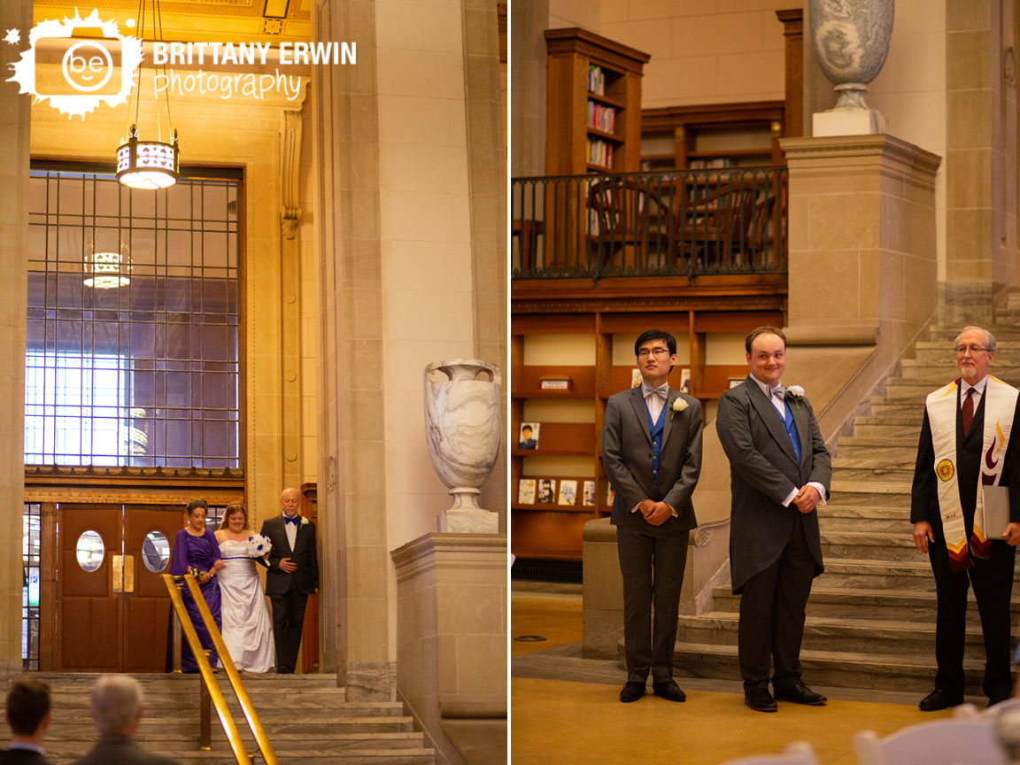 Indianapolis-central-library-photographer-wedding-ceremony-bride-walking-down-aisle-groom-reaction.jpg